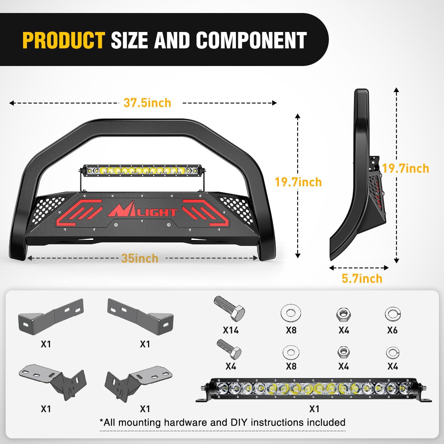 Nilight Bull Bar with Light fits 2003-2008 Honda Pilot, 2006-2015 Honda Ridgeline, 2001-2006 Acura MDX Front Bumper Grille Brush Push Guard with Skid Plate Licence Plate Hole Black