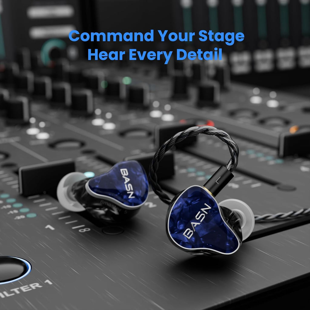 BASN Bmaster5 in Ear Monitors, 5 Drivers HiFi Drummer Stage Headphones, Professional IEM Earphones with MMCX Sliver-Plated OFC Cable & Portable Case for Musicians (Abyssal Blue, 3.5&4.4mm)