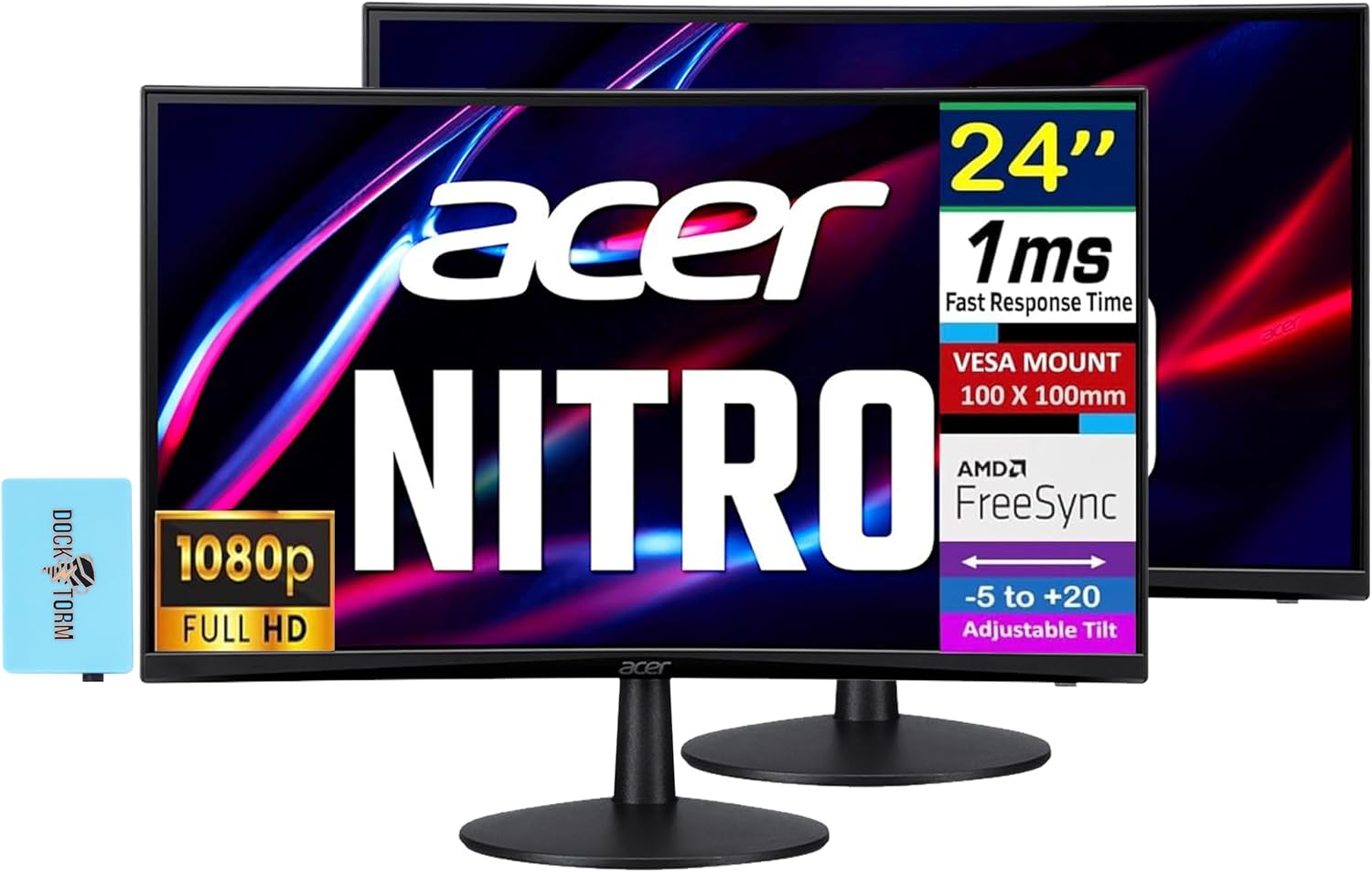 Acer ED240Q H 24' FHD Monitor with 1ms Response Time, AMD FreeSync, Anti-Glare, VESA Mount (100x100mm), Low Blue Light, VGA, HDMI & Dockztorm USB Port Expander, Black Color (UM.UE0AA.H01) 2 Pack