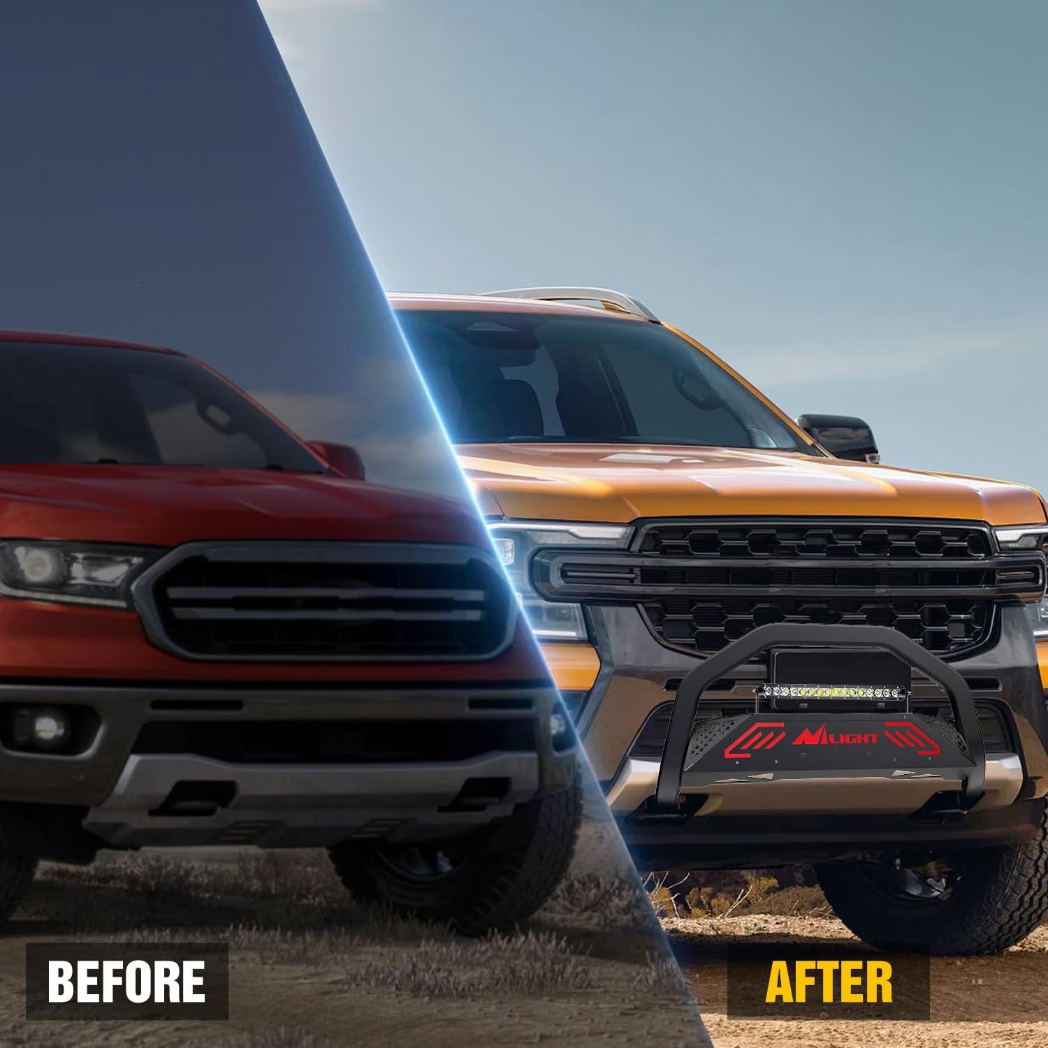 Nilight Bull Bar&License Plate Hole with LED Light Bar Compatible with Ford Ranger 2019 2020 2021 2022 2023 2024 2025 2026 Truck Brush Guard, Front Bumper Push Bar w/Grille Skid Plate Light Mount