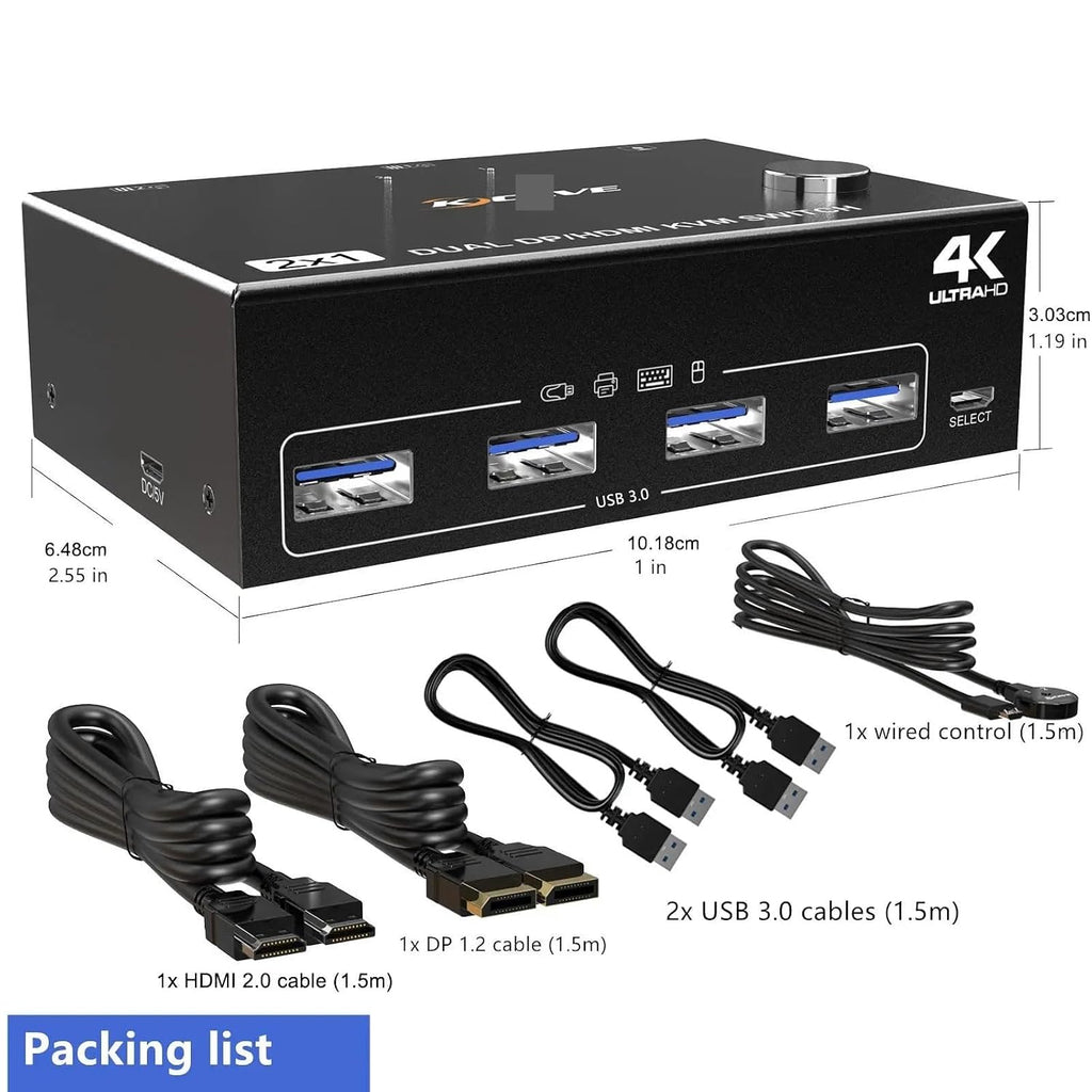 HDMI USB 3.0 Dual Monitors Displayport KVM Switch,Supports 4K@60Hz for 2 Computers Share Keyboard Mouse and Monitor