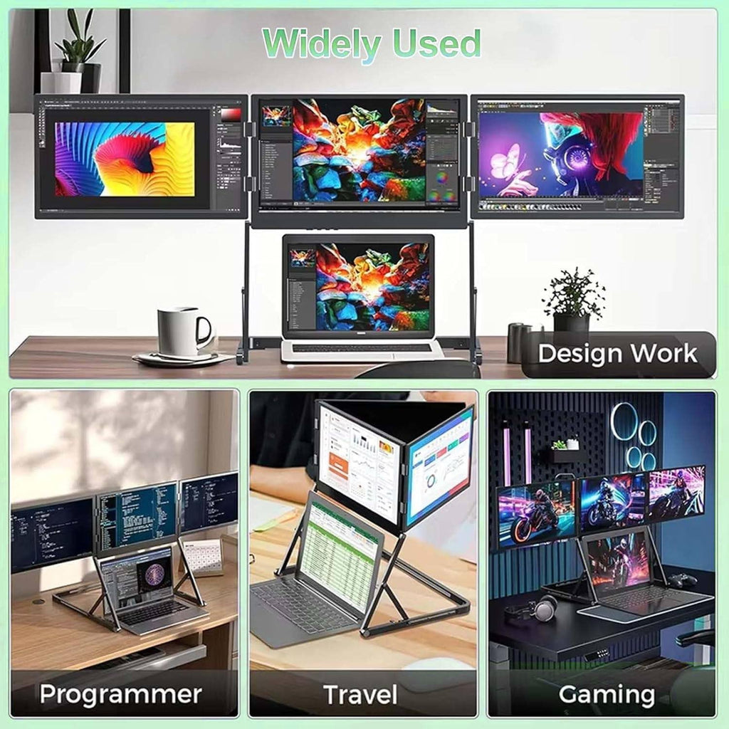Portable Triple Monitor for Laptop, 15.6' Portable Foldable Triple Monitor, Three Independent Screens Support Simultaneous Tasks, Compatible with 360° Rotation Adjustable Viewing Angles