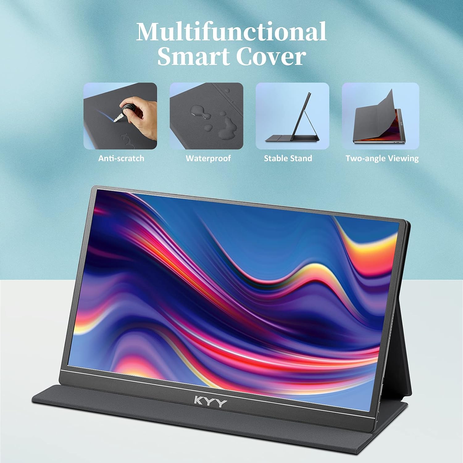 KYY 15.6'' Portable Monitor Bundle [K3-1 Black & Gray] 1080P FHD USB-C Laptop Monitor HDMI Computer Display HDR IPS Gaming Monitor w/Smart Cover & Dual Speakers, for Laptop PC Phone PS4 Xbox Switch
