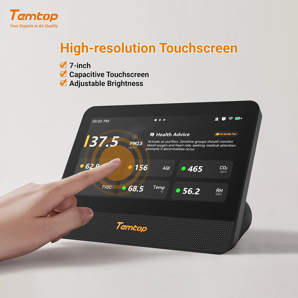 Temtop M100 2nd Gen Air Quality Monitor for Indoor Air, 7-Inch Touch Screen, Real-Time Tester for PM2.5, CO2, TVOC, Temp & Humidity, WiFi App & Multi-Room Monitoring with Smart Insights