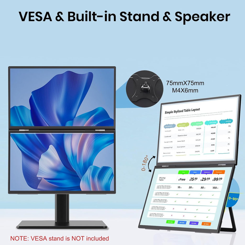 18.5'' Portable Dual Monitor, One Cable Laptop Screen Extender, FHD 1080P 100Hz Type-C USB-A HDMI, Folding Stacked Triple Monitor Built-in Stand Speakers for Laptop Desktop Windows Mac(Driver Need)