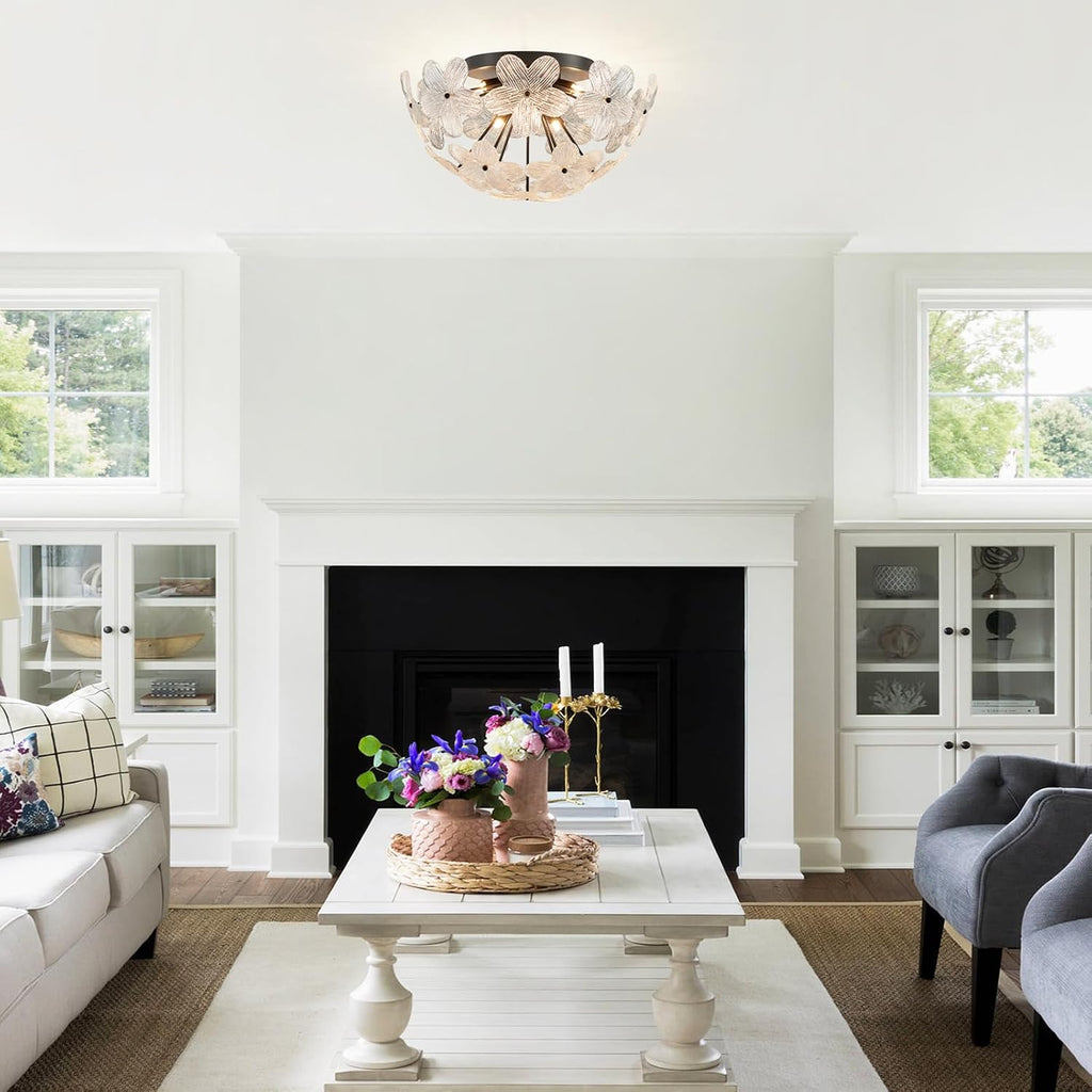 18.5' Black Semi Flush Mount Ceiling Light Fixture, Modern Flower Ceiling Light Fixture Glass Chandelier for Bedroom Bathroom Closet Entryway Foyer Hallway