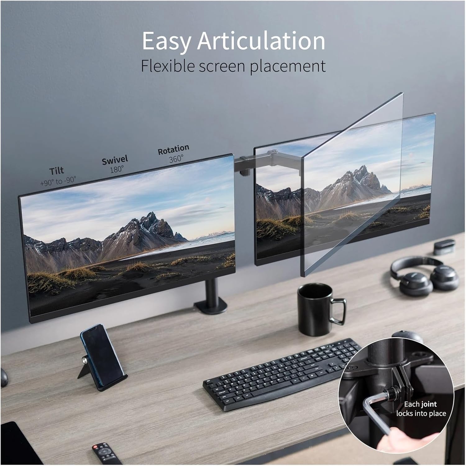 Black Dual Monitor Desk Stand Adjustable Bracket Fits Screens Up to 30 Inches