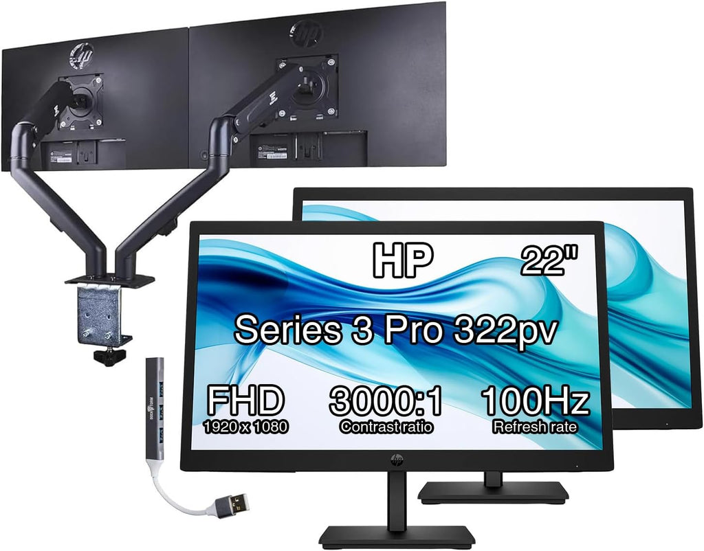 HP 22' FHD VA Monitor with 5 ms Response Time, Anti-Glare, Flicker Free, VESA Mount (100x100mm), HDMI, VGA & Dockztorm USB Port Expander, Black Color & ErgoFlexy Dual Monitor Mount (2 Pack)