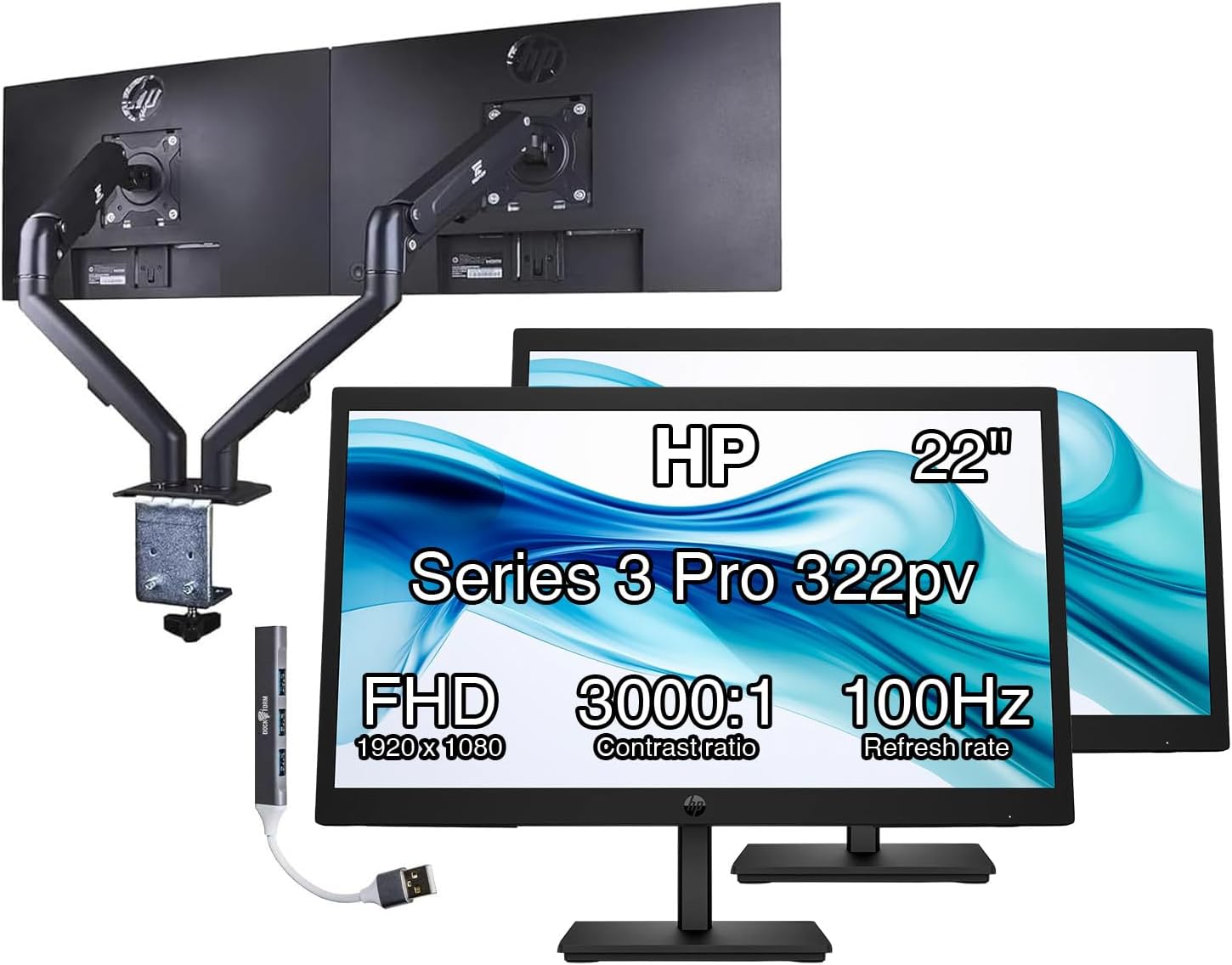 HP 22' FHD VA Monitor with 5 ms Response Time, Anti-Glare, Flicker Free, VESA Mount (100x100mm), HDMI, VGA & Dockztorm USB Port Expander, Black Color & ErgoFlexy Dual Monitor Mount (2 Pack)