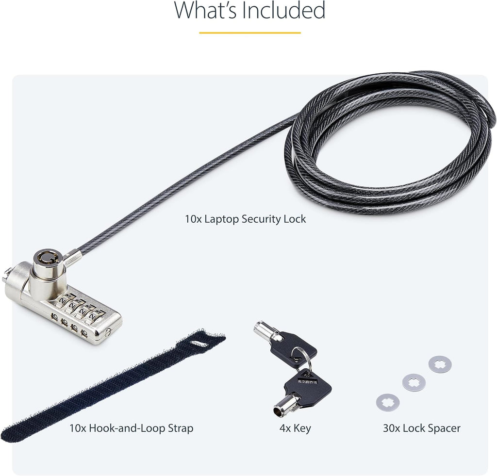 StarTech.com 10-Pack Dual-Access Laptop Lock, 6.6ft (2m) Keyed Alike and Combination Security Cable Lock for K-Slot Devices, TAA