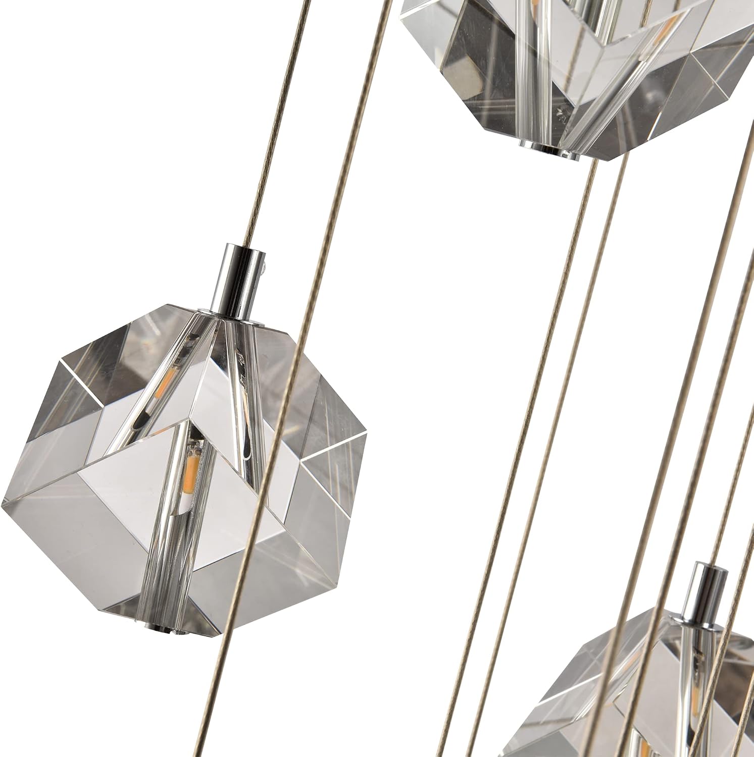 Cube Raindrop Staircase Chandelier, 7-Light Modern Cut Crystal Cluster Pendant Lights, 21W High Ceiling Square Crystal Foyer Chandelier Lighting Fixture for Living Room, Chrome