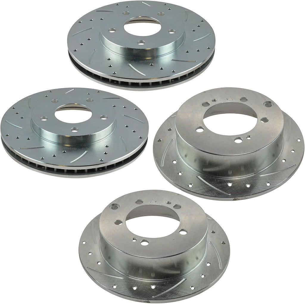 TRQ Performance Front & Rear Brake Rotors Set 4 Piece Premium G-Coated Slotted X Drilled Compatible with 2005 Dodge Stratus 2004-2006 Mitsubishi Lancer