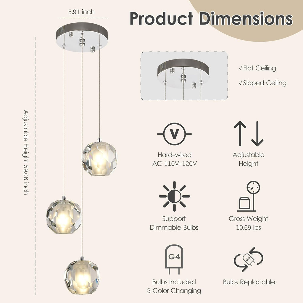 3-Light Modern Pendant Light, Multi-facted Crystal Cluster Pendant Light Fixture in Chrome, Adjustable Hanging Lighting for Kitchen Island Dining Room Hallway