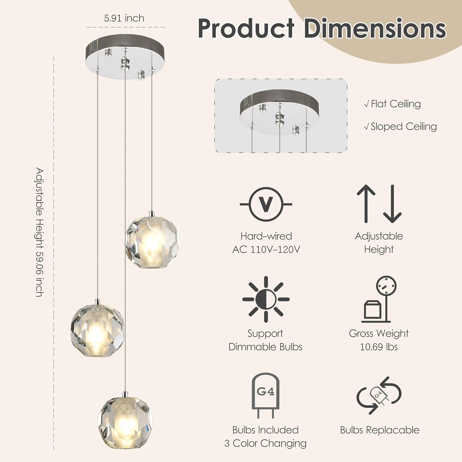 3-Light Modern Pendant Light, Multi-facted Crystal Cluster Pendant Light Fixture in Chrome, Adjustable Hanging Lighting for Kitchen Island Dining Room Hallway