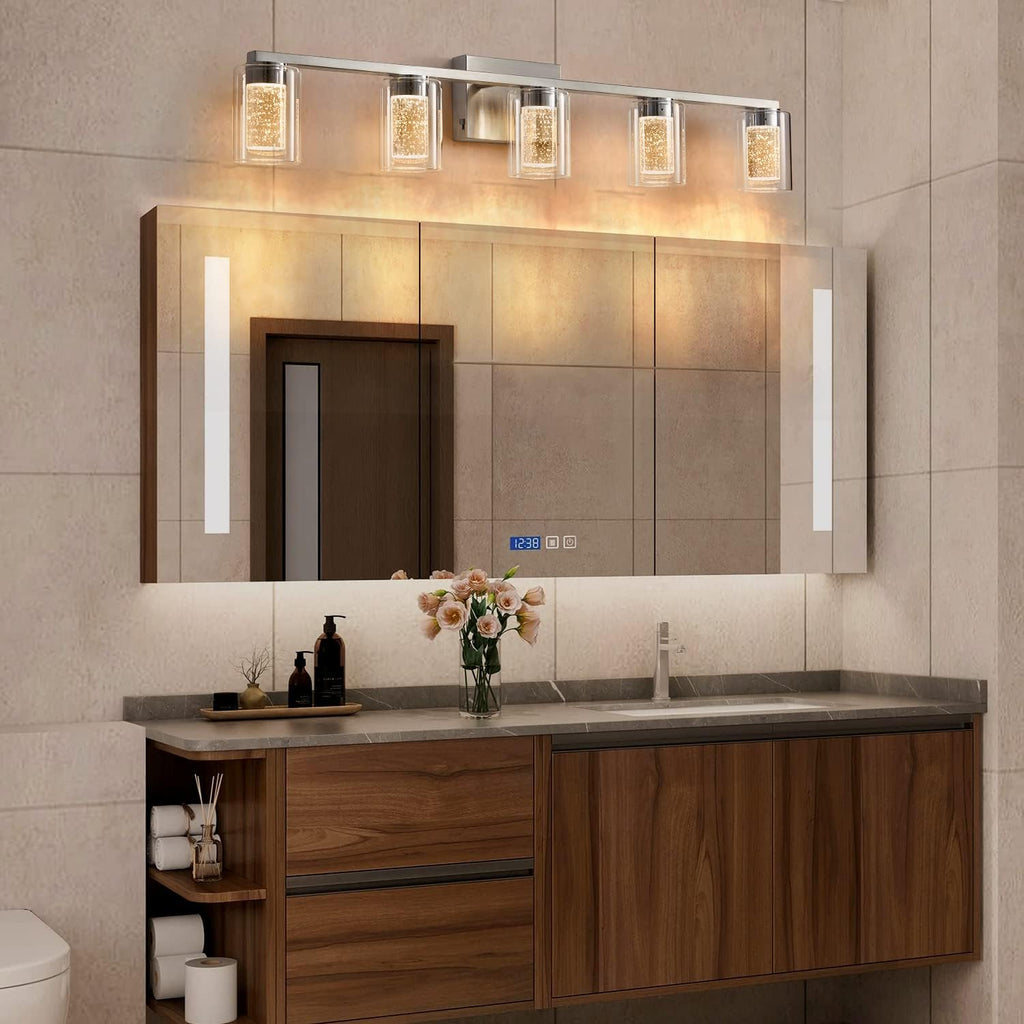 Bathroom Light Fixtures, 5 Light Brushed Nickel Bathroom Vanity Light Over Mirror, 3 Color LED Vanity Lights with Crystal Bubble Glass, Dimmable Wall Sconce Lighting for Bathroom，Living Room