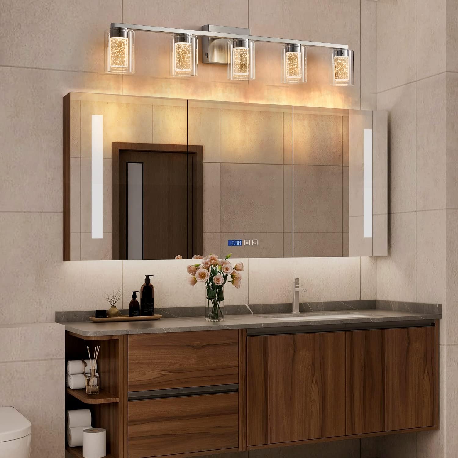 Bathroom Light Fixtures, 5 Light Brushed Nickel Bathroom Vanity Light Over Mirror, 3 Color LED Vanity Lights with Crystal Bubble Glass, Dimmable Wall Sconce Lighting for Bathroom，Living Room