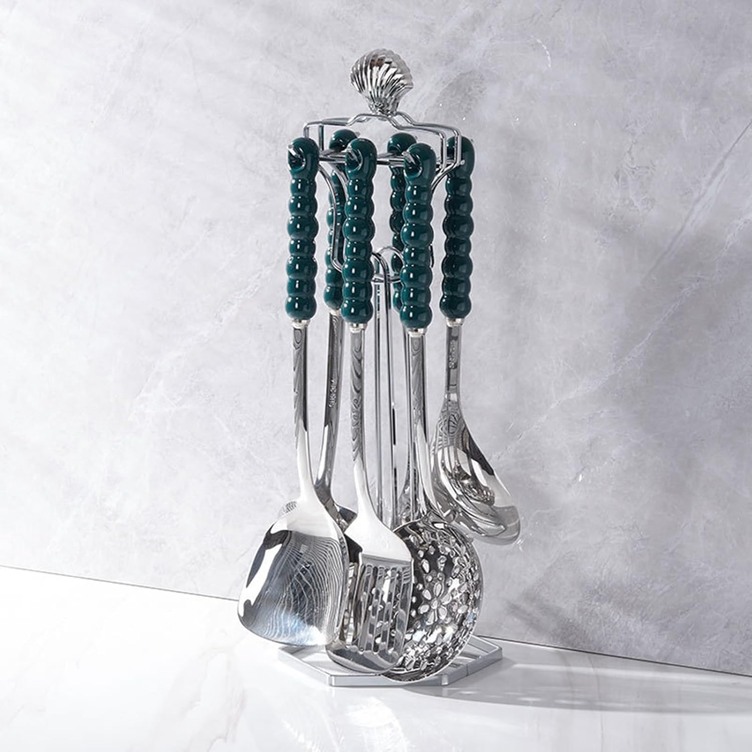 Stainless Steel Kitchenware Seven Pieces Set with Hanging Holder Ceramic Handle Kitchenware Cooking Utensils Set Dishwasher Safe Metal Kitchen Utensils Set,Emerald