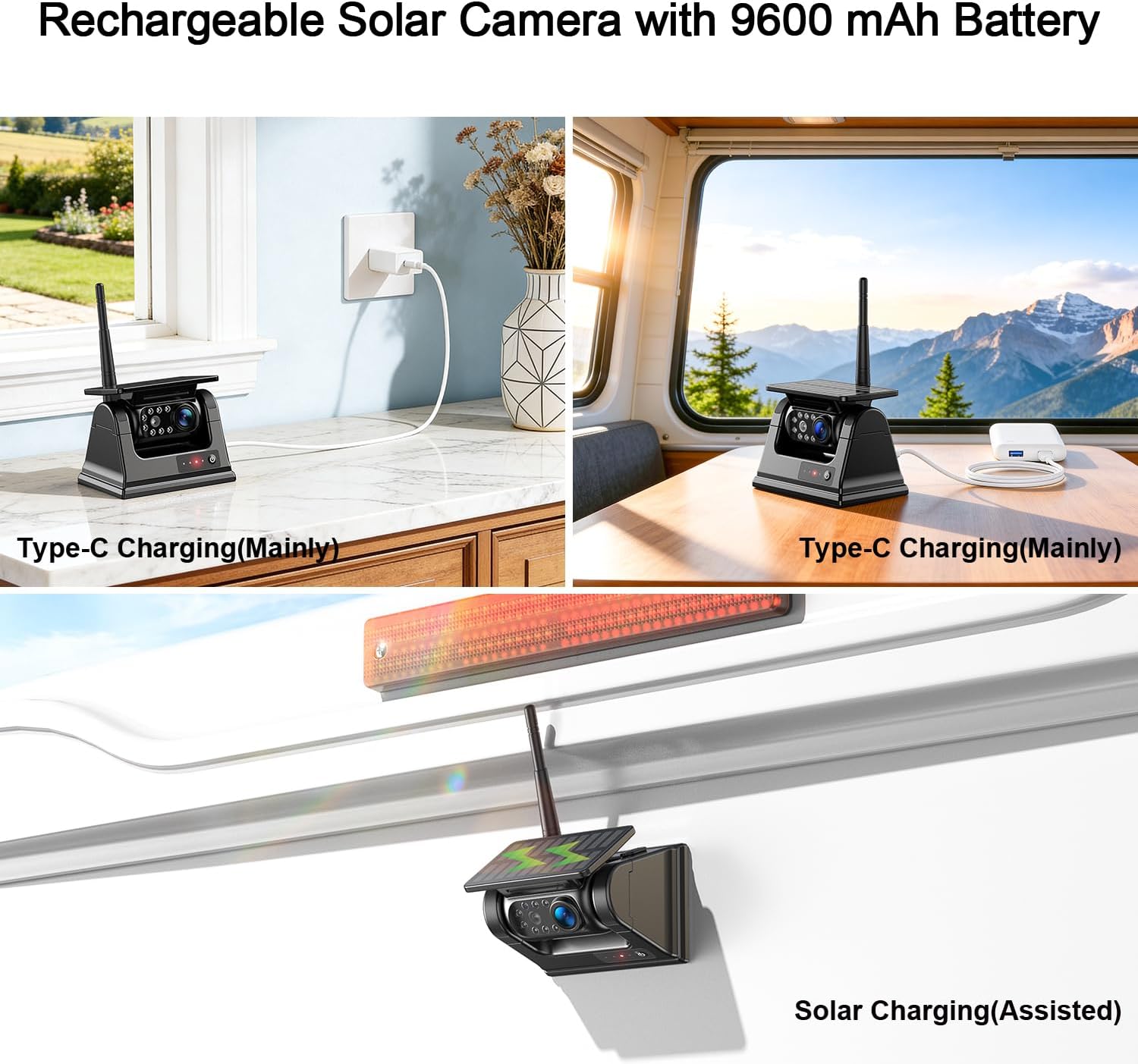Fookoo 10.1' Solar Magnetic Wireless Backup Camera HD 1080P DVR Touchscreen Monitor Portable 1 Min DIY Install No Drilling Rechargeable Battery Night Vision for RV Camper Trailer - DTC1004