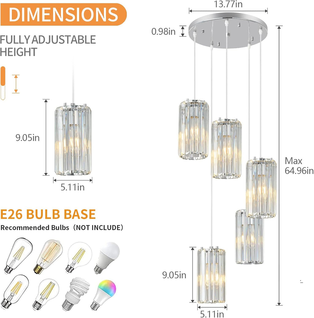 Chrome Pendant Lighting Modern Pendant Light, Mini Crystal Chandeliers,Adjustable Pendant Light Fixture for Kitchen Island Dinning Room Corridor Bedroom(Chrome 5-Light)