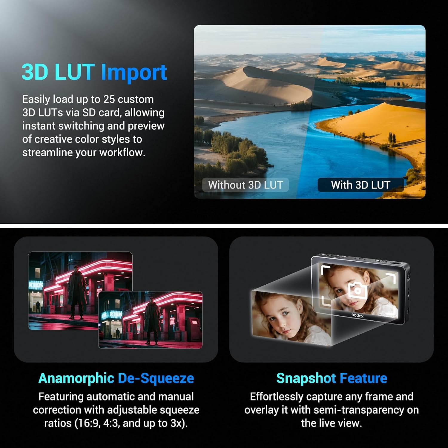 GODOX GM6S Pro 5.5inch Camera Field Monitor, 4K HDMI Camera Monitor, 2000nit±10% Ultra Bright Video Monitors, 1920x1080 IPS Touch Screen, Input & Output 3D LUT, All-Metal Body, with Foldable Sunshade