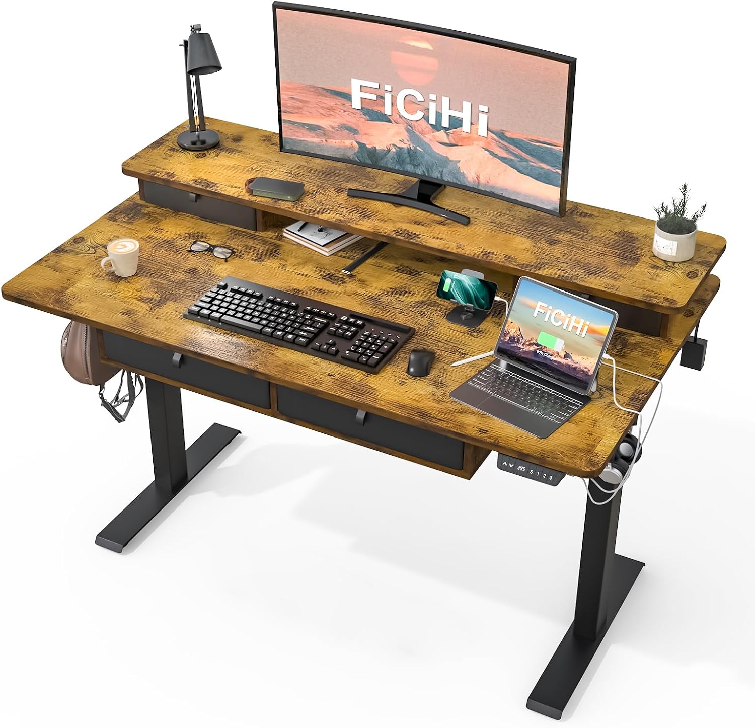 FiCiHi Adjustable Height Standing Desk with 4 Drawers,48 x 30 inches Electric Sit Stand Home Office Desk with Two Tiers, 3 Memory Presets, Monitor Stand Riser, USB A/C Charging Port