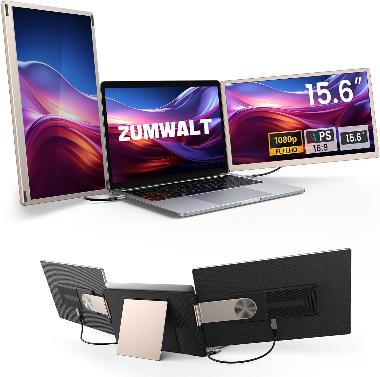 15.6' Laptop Screen Extender, 1080P FHD Laptop Monitor Extender, 235° Rotating Detachable Dual Monitor, Plug & Play Triple Screen for 13'-17.3' Laptops, Compatible with Mac/Windows/Android & Dex
