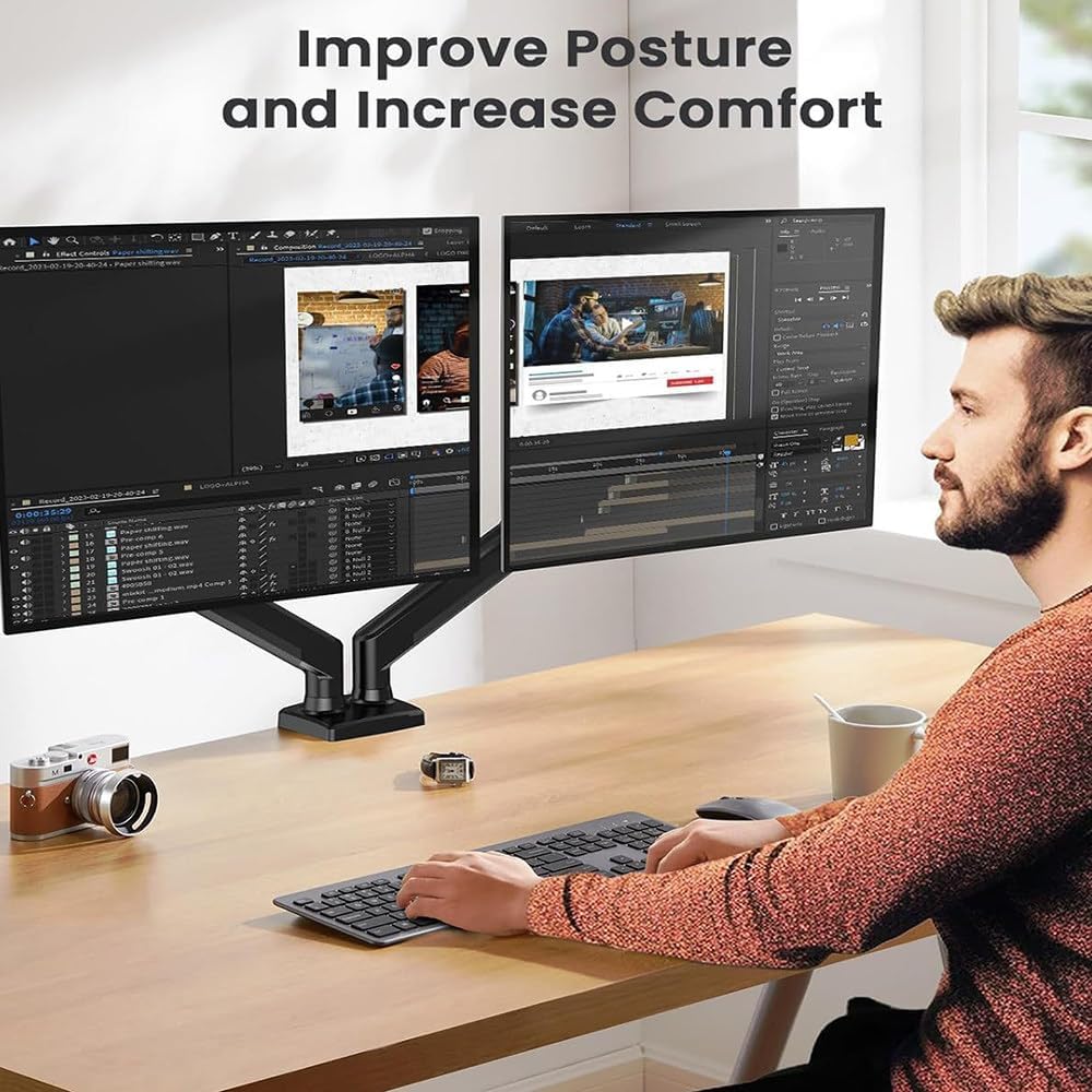 Adjustable Dual-Screen Monitor Stand,13-32 Inch Screen,Pneumatic Spring,360° Rotation,2 Installation Method,Vesa Mount,22lbs Load Capacity,Flexible Adjustment,Black