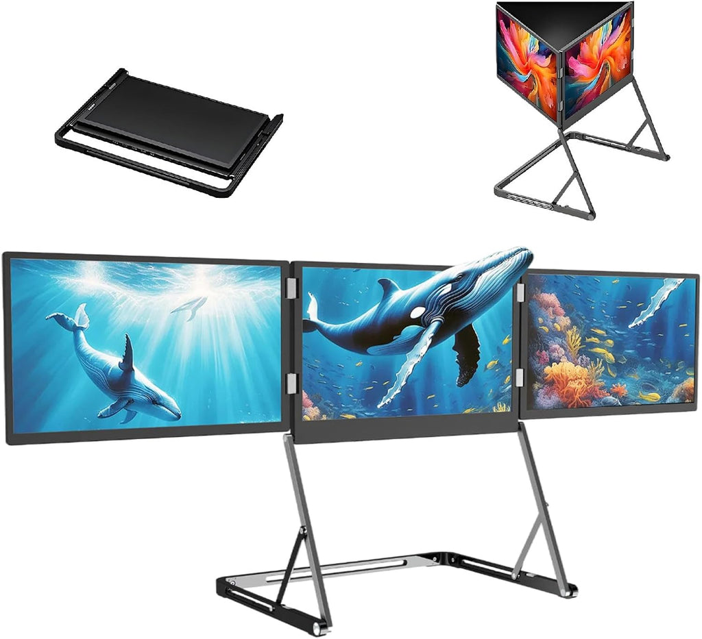 15.6in Triple Screen Extension for Laptop, Full HD 1080p Display, FHD Portable Tri-Fold Monitor, Compatible