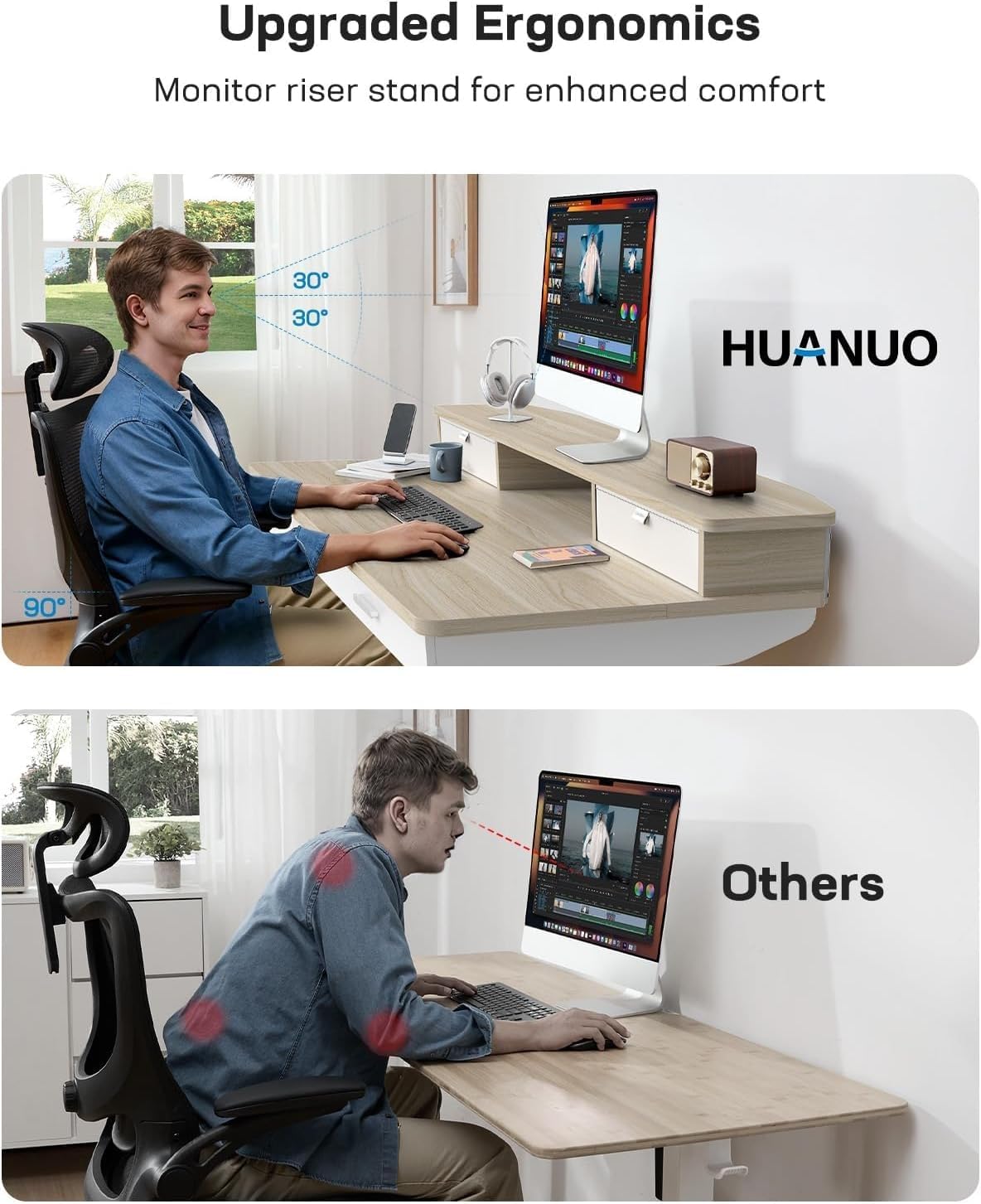 HUANUO 55 x 30 inch Standing Desk with Wood Drawers,Electric Stand up Home Office Desk Adjustable Height with Two Tiers, Natural Ergonomic Stand up Desk with Monitor Stand