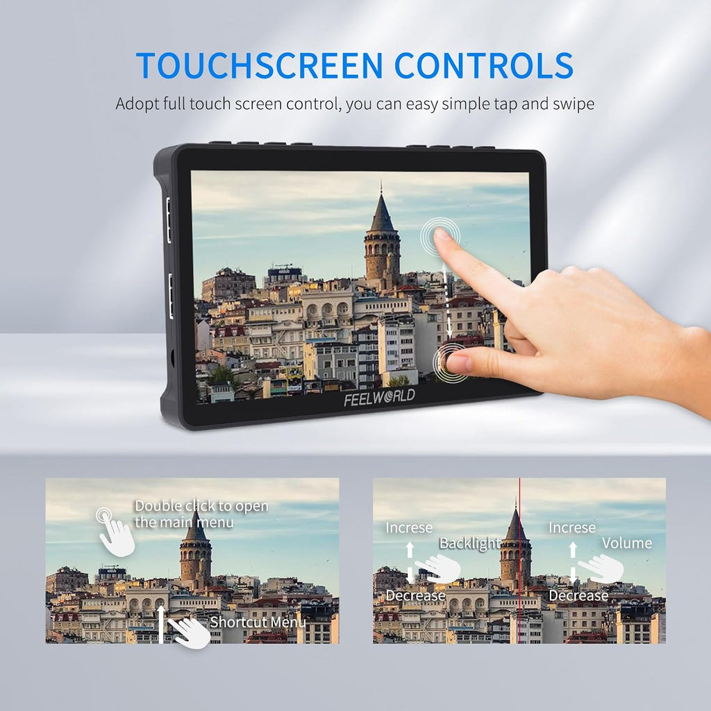 FEELWORLD Video Camera Monitor 6 Inch Touch Screen DSLR HDMI Field Monitor with F750 Battery 4400mAh + Bag IPS FHD1920x1080 4K HDMI Input Output 5 V Type c Input F5PROV4