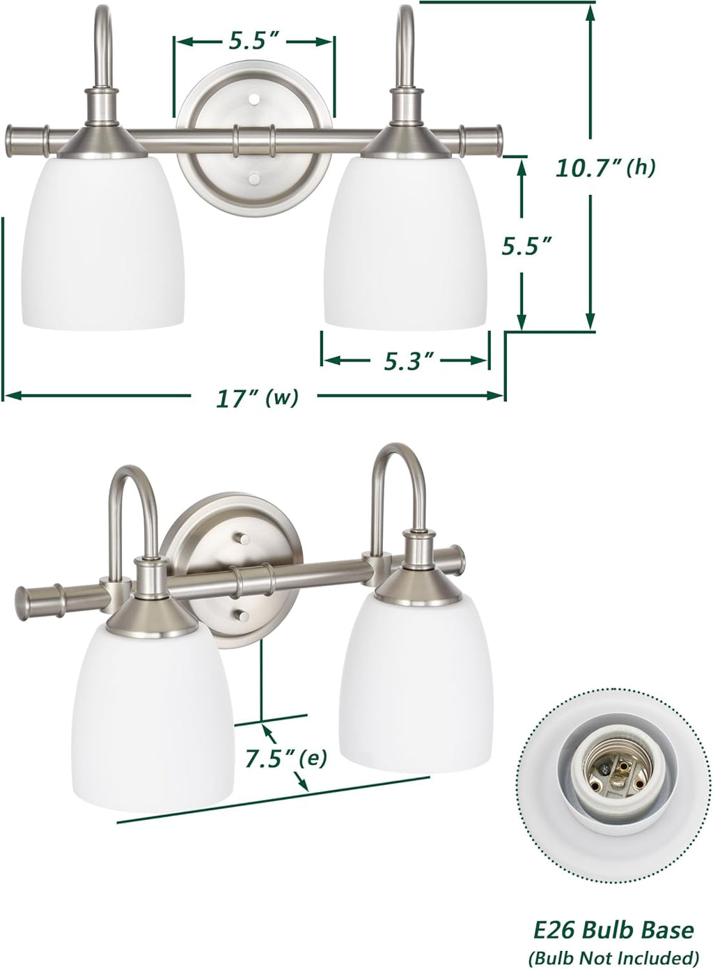 2-Light Bathroom Vanity Light Fixtures Over Mirror, Vintage Vanity Lights for Living Room, Milk White Glass Shades, Standard E26 Base, Brushed Nickel