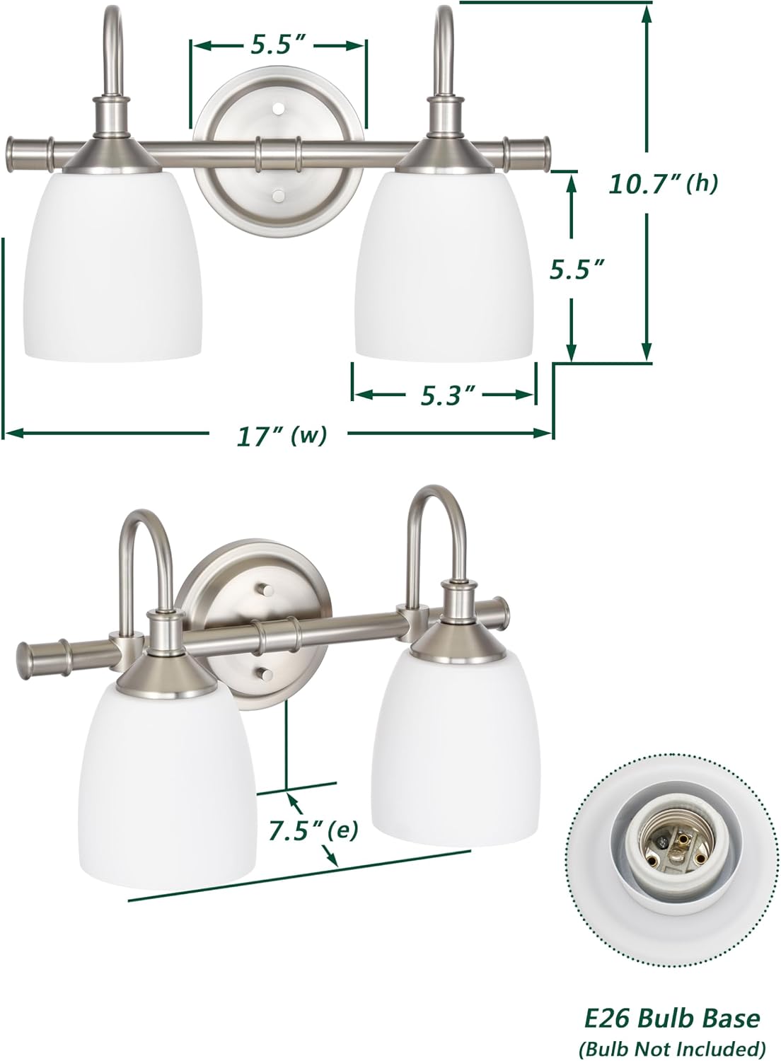 2-Light Bathroom Vanity Light Fixtures Over Mirror, Vintage Vanity Lights for Living Room, Milk White Glass Shades, Standard E26 Base, Brushed Nickel