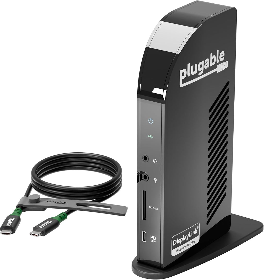 Plugable Docking Station Bundle – 13-in-1 USB-C Triple Display Dock + High-Performance USB-C Cable, 100W Host Charging, 3 HDMI, 4 USB, Ethernet, SD - for Mac, Windows, Chrome