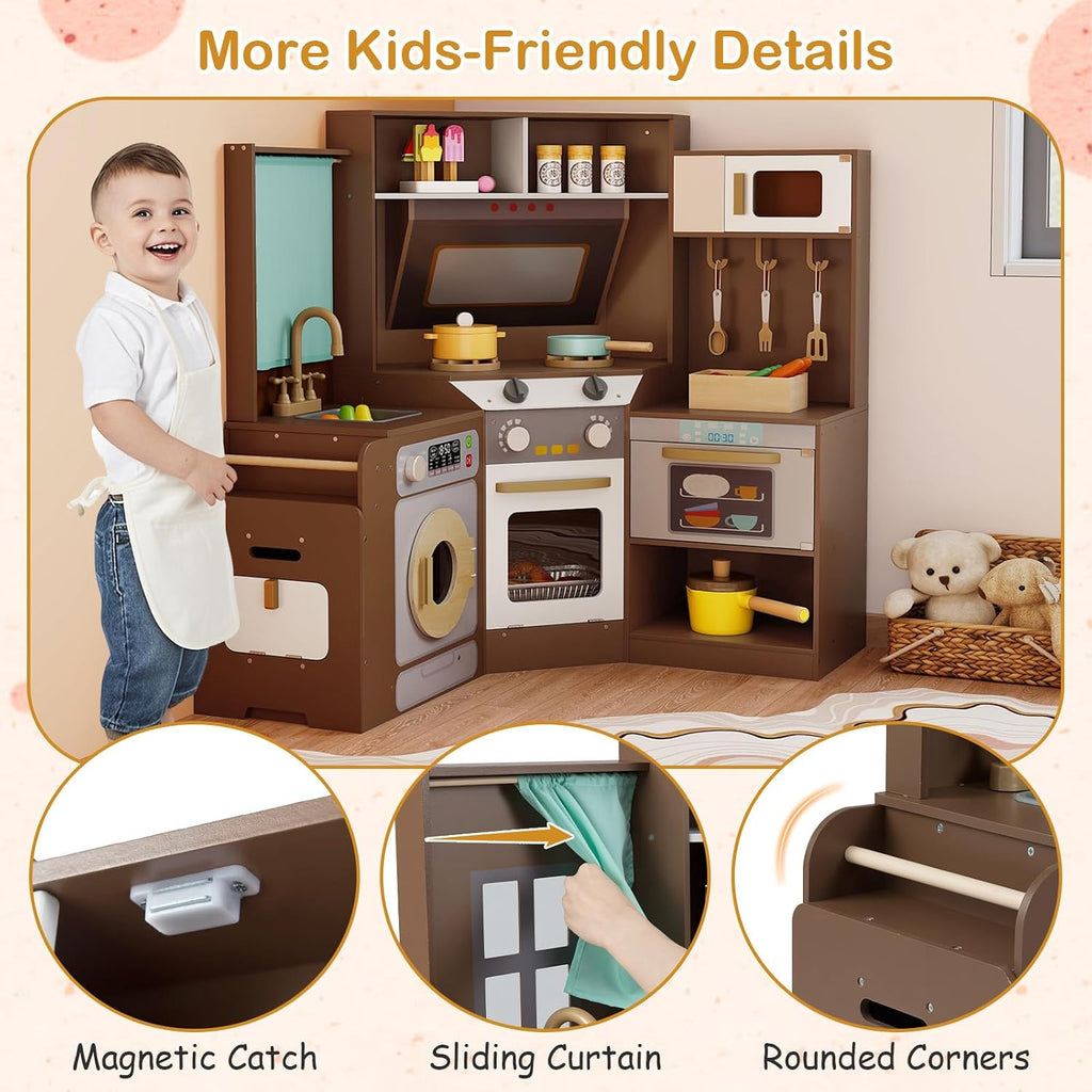 GLACER Corner Wooden Play Kitchen with Real Lights & Sounds, Pretend Kids Kitchen Playset with Trash Bin, Accessories, Dishwasher, Microwave Oven, Cooking Play Set for Toddlers Ages 3+ (Coffee)