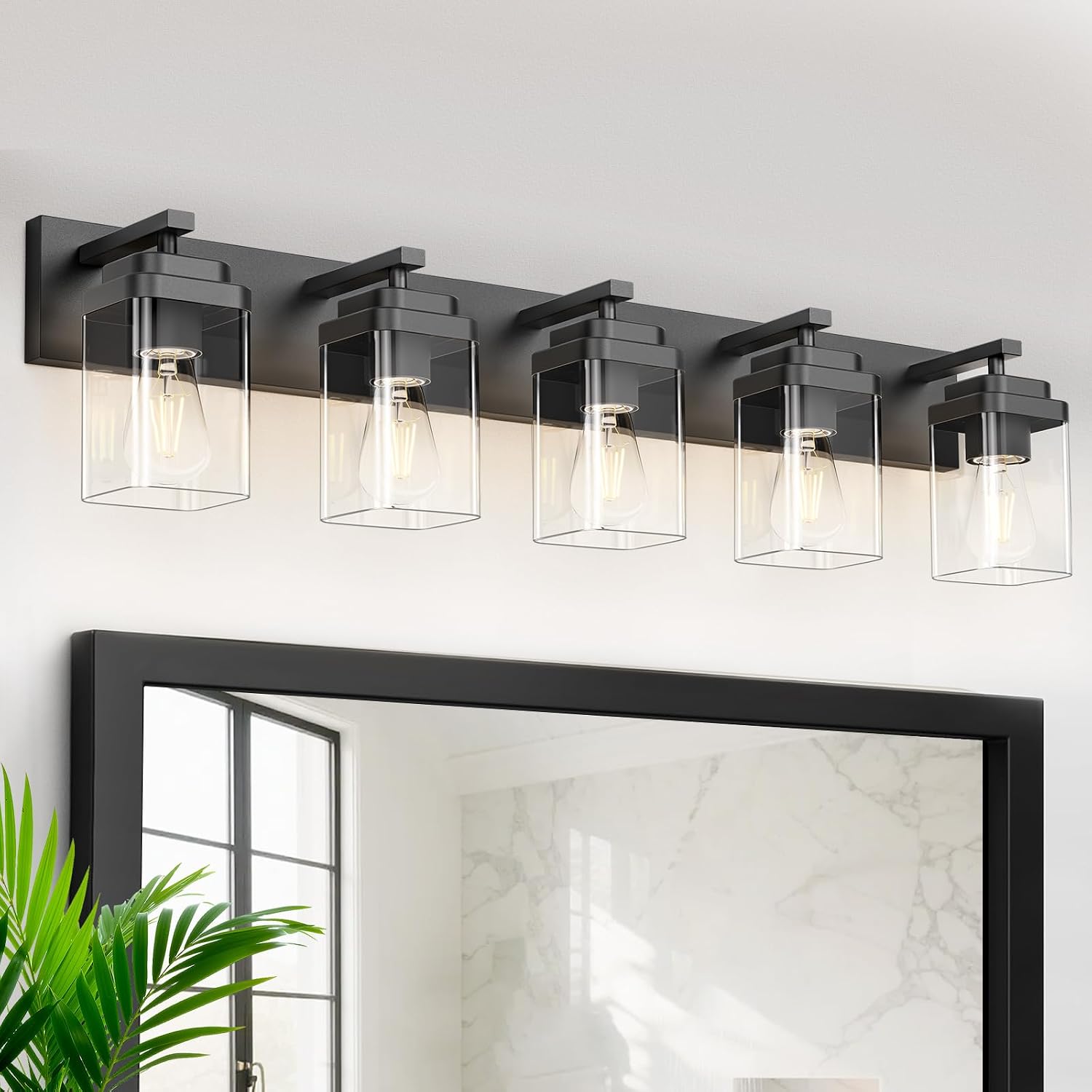 Black Bathroom Light Fixtures, 5 Lights Bathroom Lighting Fixtures Over Mirror, Square Design & Rectangle Large Backplate, Modern Vanity Lighting Fixtures, for Bathroom/Living Room/Bedroom