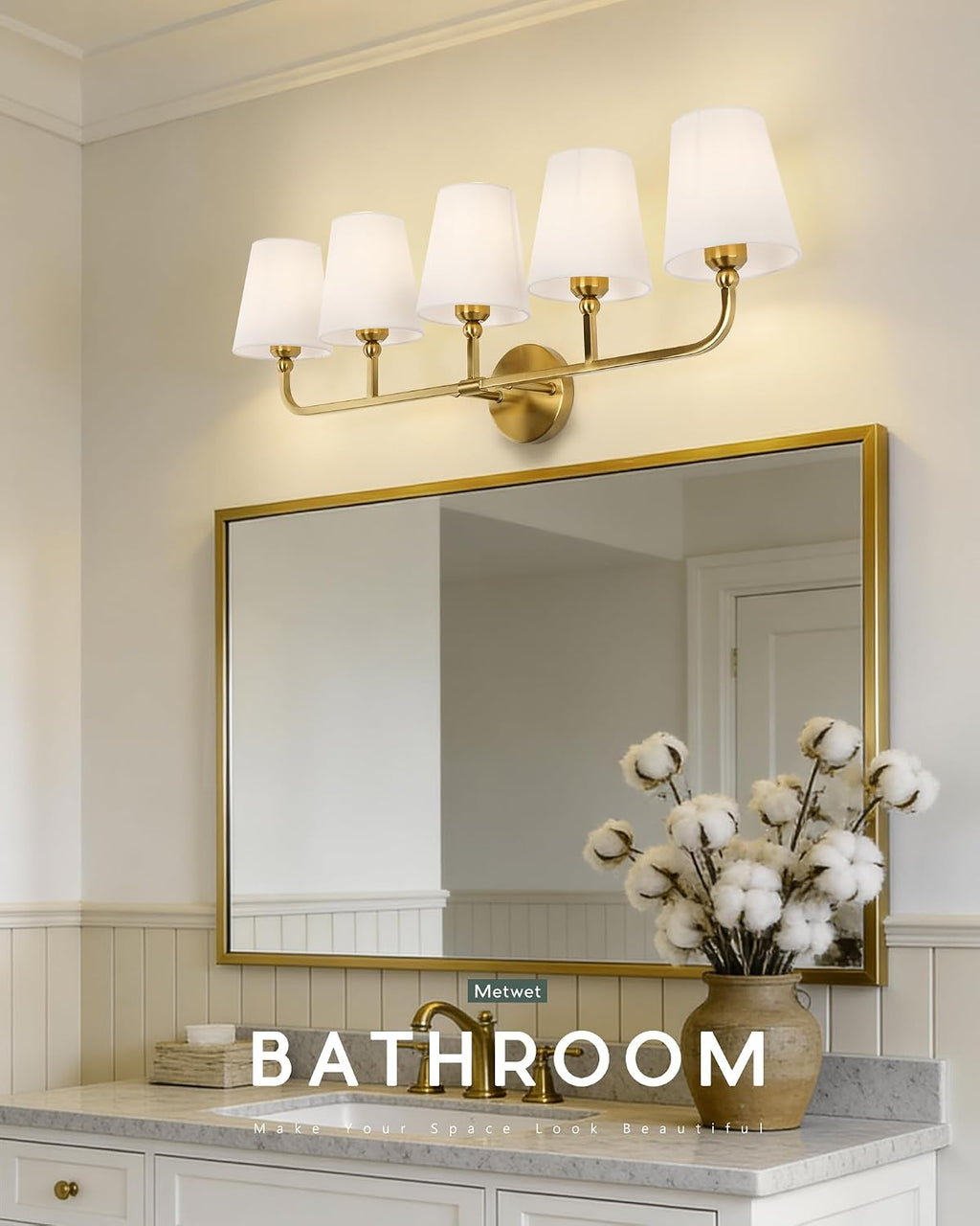 5-Light Bathroom Light Fixtures, Brushed Gold Vanity Lights with Flared Beige Fabric Shade, 35 Inch Wall Sconce, Vintage Sconces Wall Lighting for Hallway Bedroom, VL837-BG-B-5