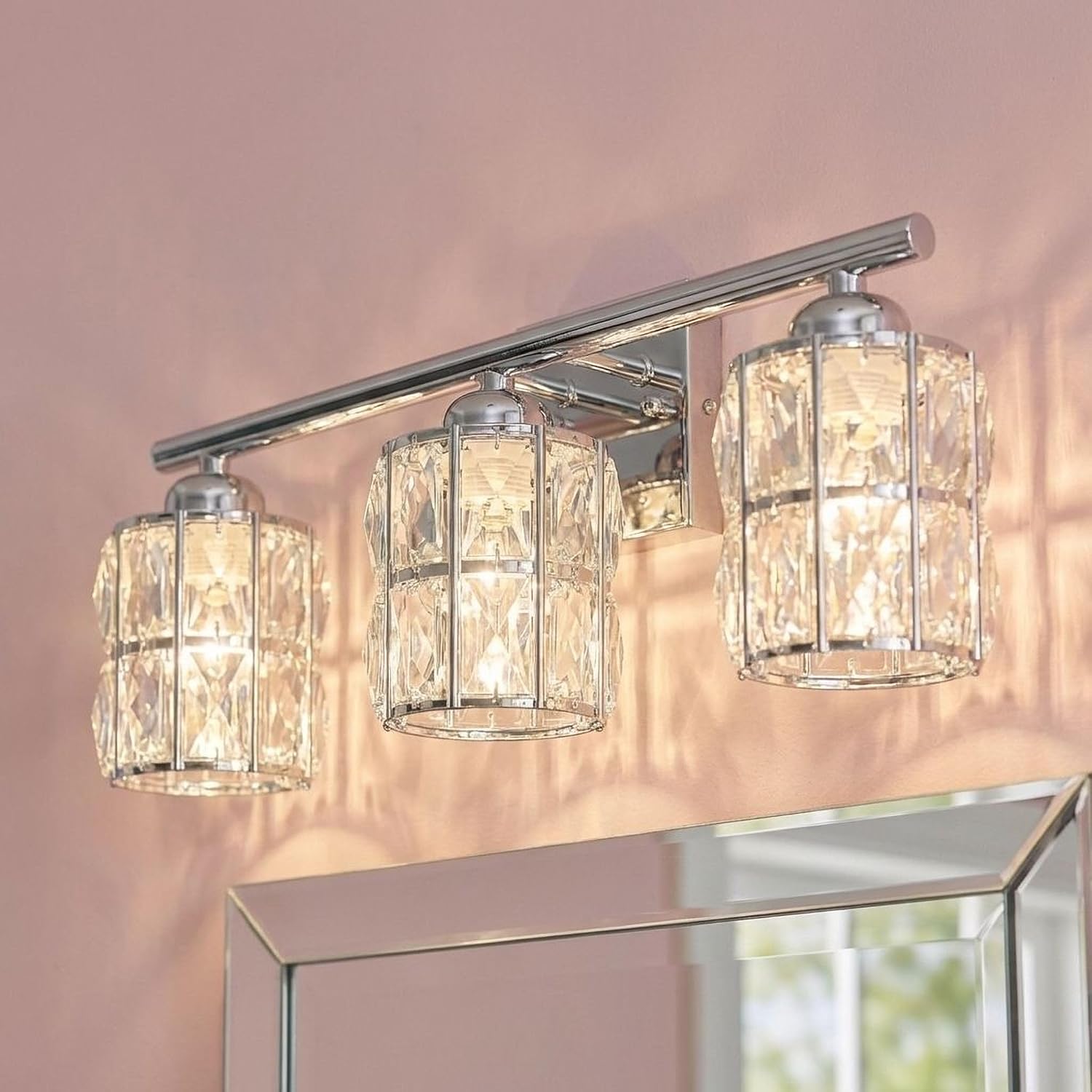Quoizel Gibson 21' Glam Vanity Light, 3-Light, Polished Chrome Clear Crystal Glass, Dimmable, Up/Down Mount, ETL Damp-Rated