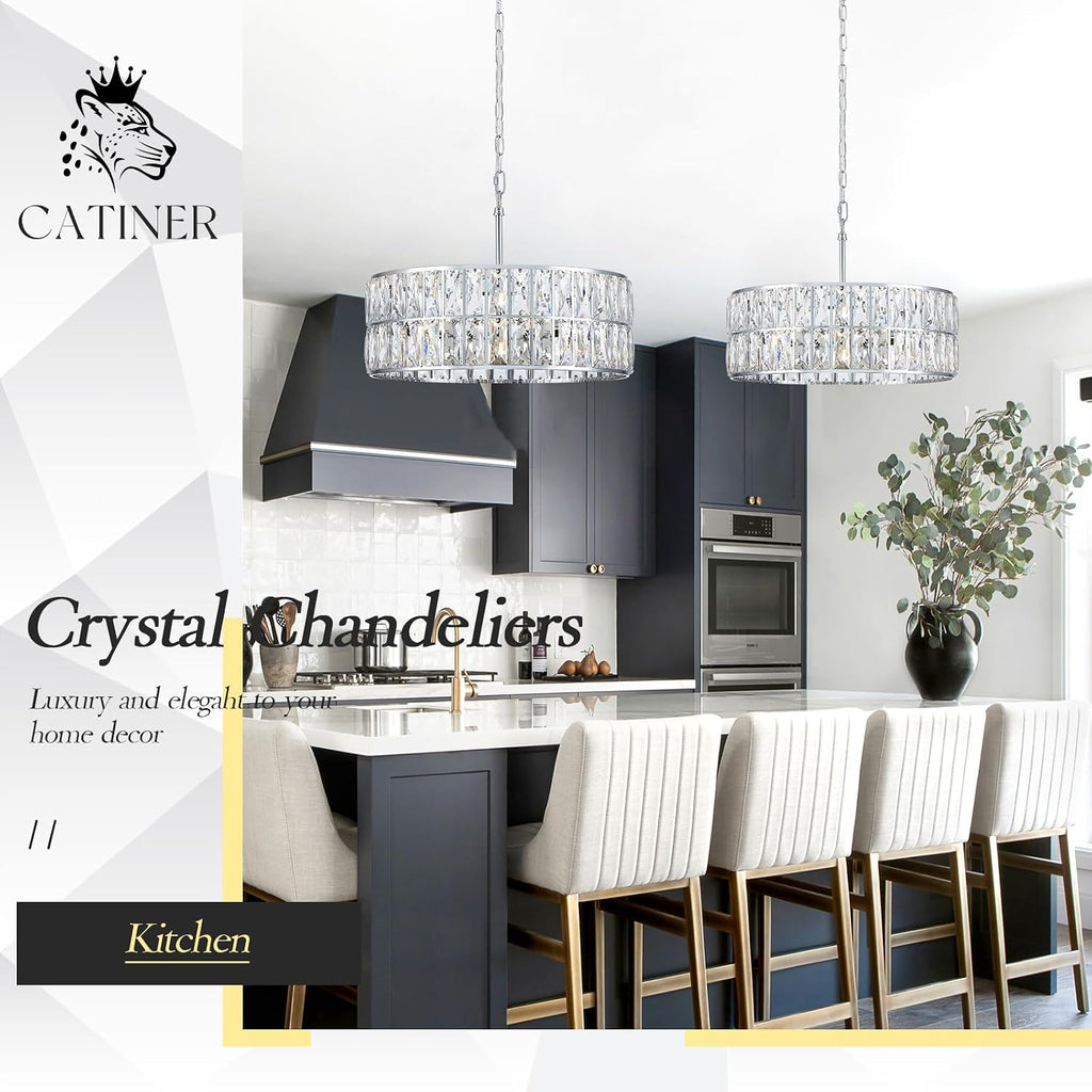CATINER Modern Crystal Chandelier 18'Chrome Semi Flush Mount Ceiling Light Fixtures 6-Lights Drum Crystal Pendant Lighting for Dining Room Foyer Bedroom Living Room