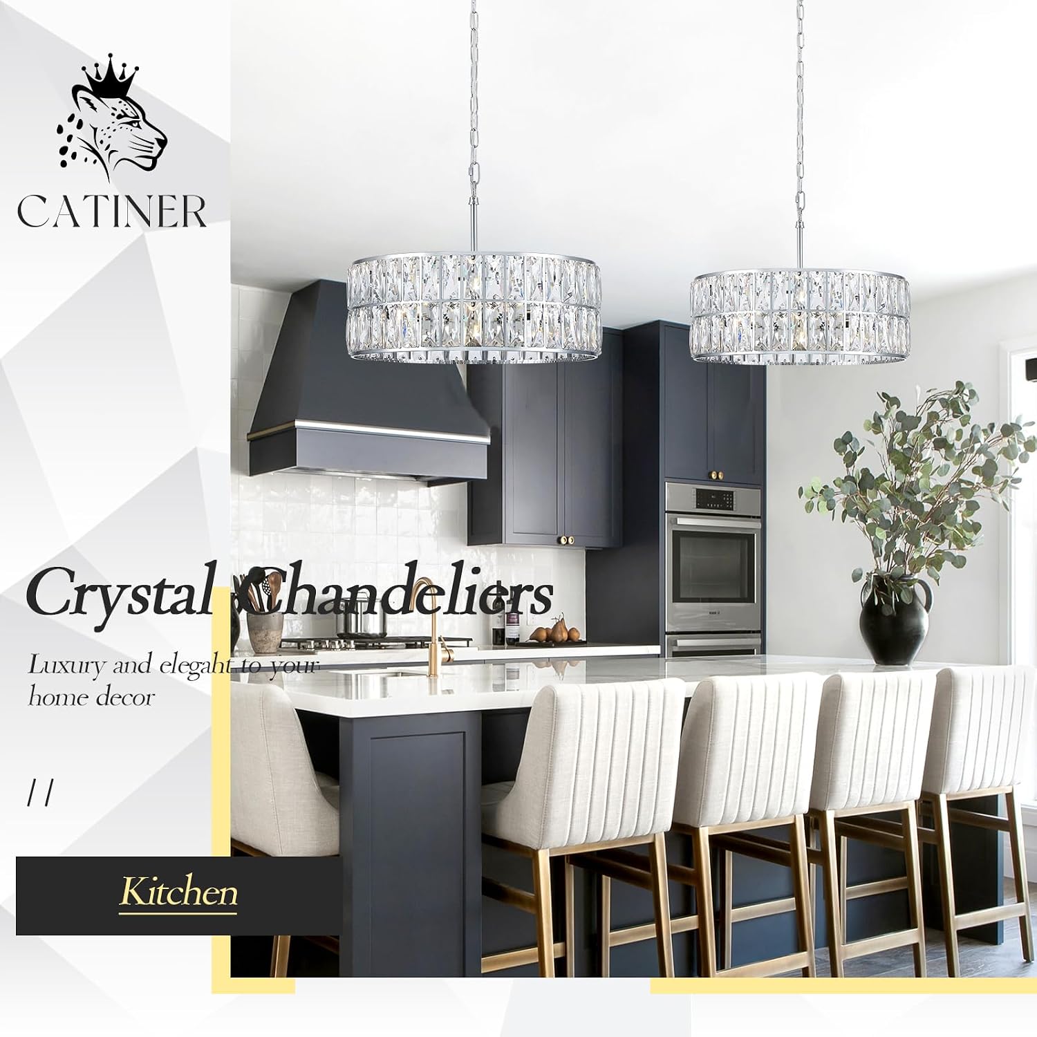 CATINER Modern Crystal Chandelier 18'Chrome Semi Flush Mount Ceiling Light Fixtures 6-Lights Drum Crystal Pendant Lighting for Dining Room Foyer Bedroom Living Room