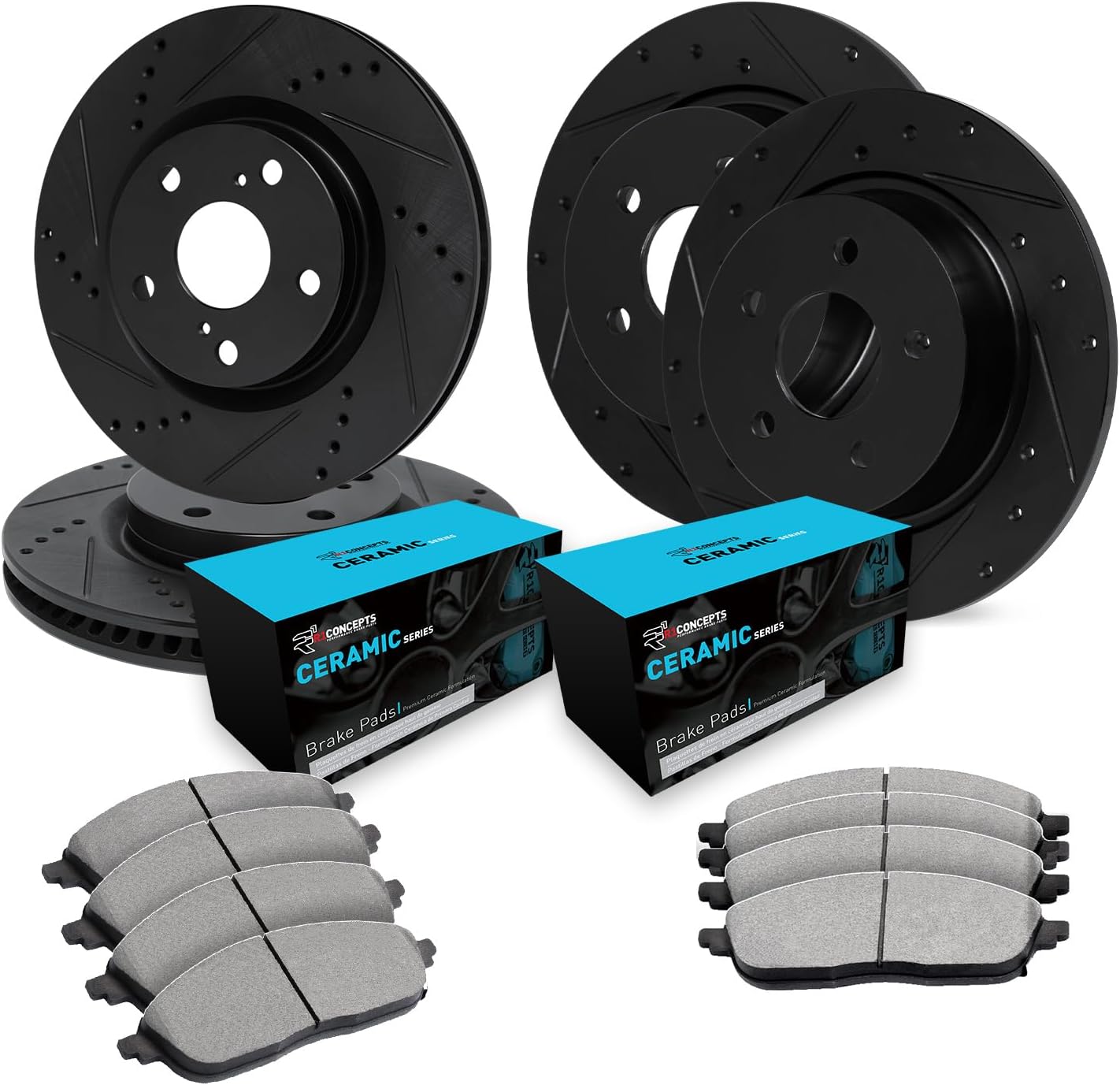 R1 Concepts Front and Rear Brake Kit Fits 2007-2010 Acura CSX; 2006-2011 Honda Civic| Ceramic Brake Pads and Drilled Slotted Brake Rotors| 11.8' Front & 10.2' Rear