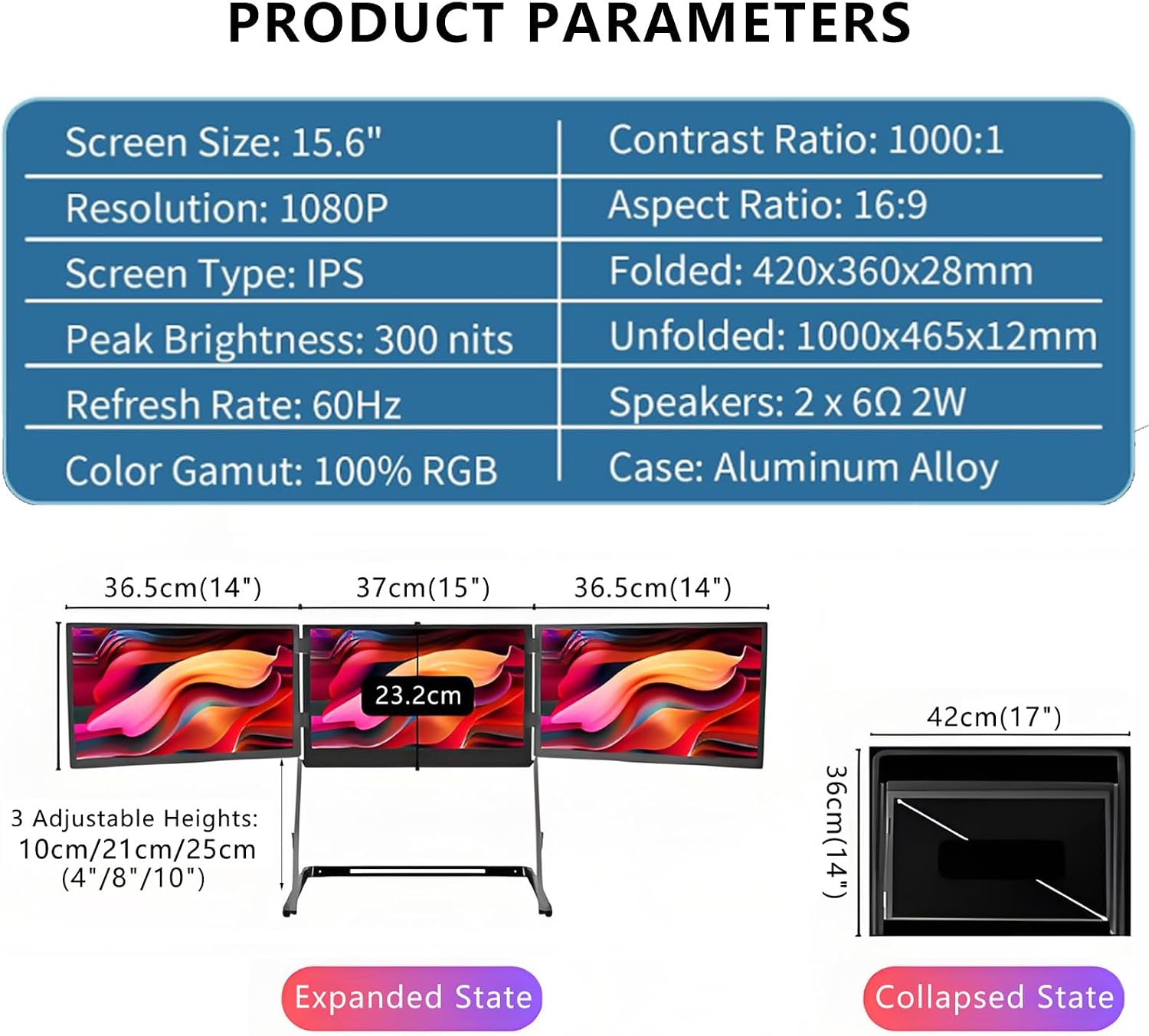 15.6' Triple Laptop Screen Extender Monitor,FHD 1080P IPS Plug-Play,Compatible with Windows/Mac(M1 M2 M3),for 13.6' - 17.3' Laptop
