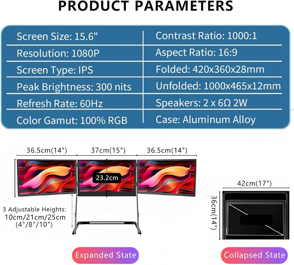15.6' Triple Screen Laptop Monitor,w/Foldable Kickstand,1080p Fhd Laptop Screen Extender,Compatible with Windows and Macos