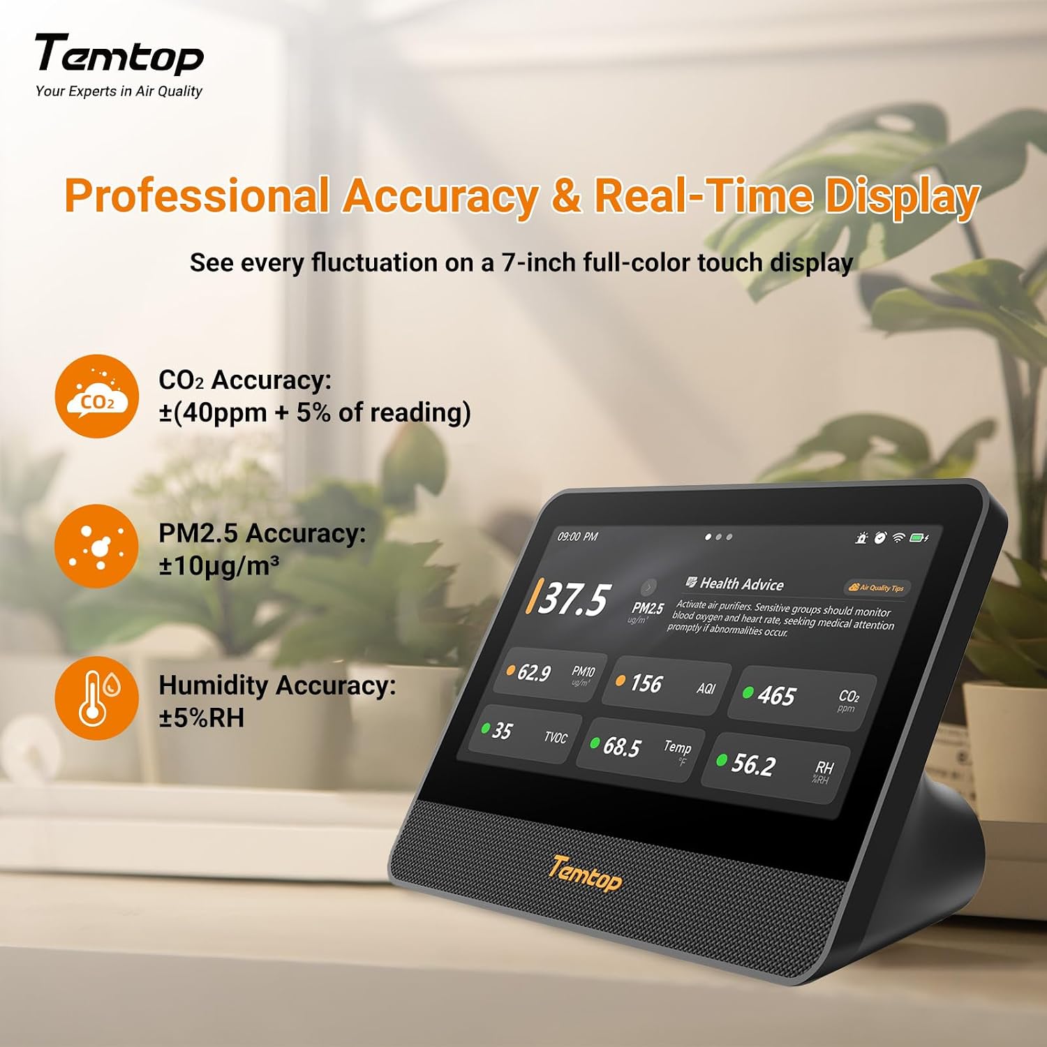 Temtop M100 2nd Gen Air Quality Monitor for Indoor Air, 7-Inch Touch Screen, Real-Time Tester for PM2.5, CO2, TVOC, Temp & Humidity, WiFi App & Multi-Room Monitoring with Smart Insights