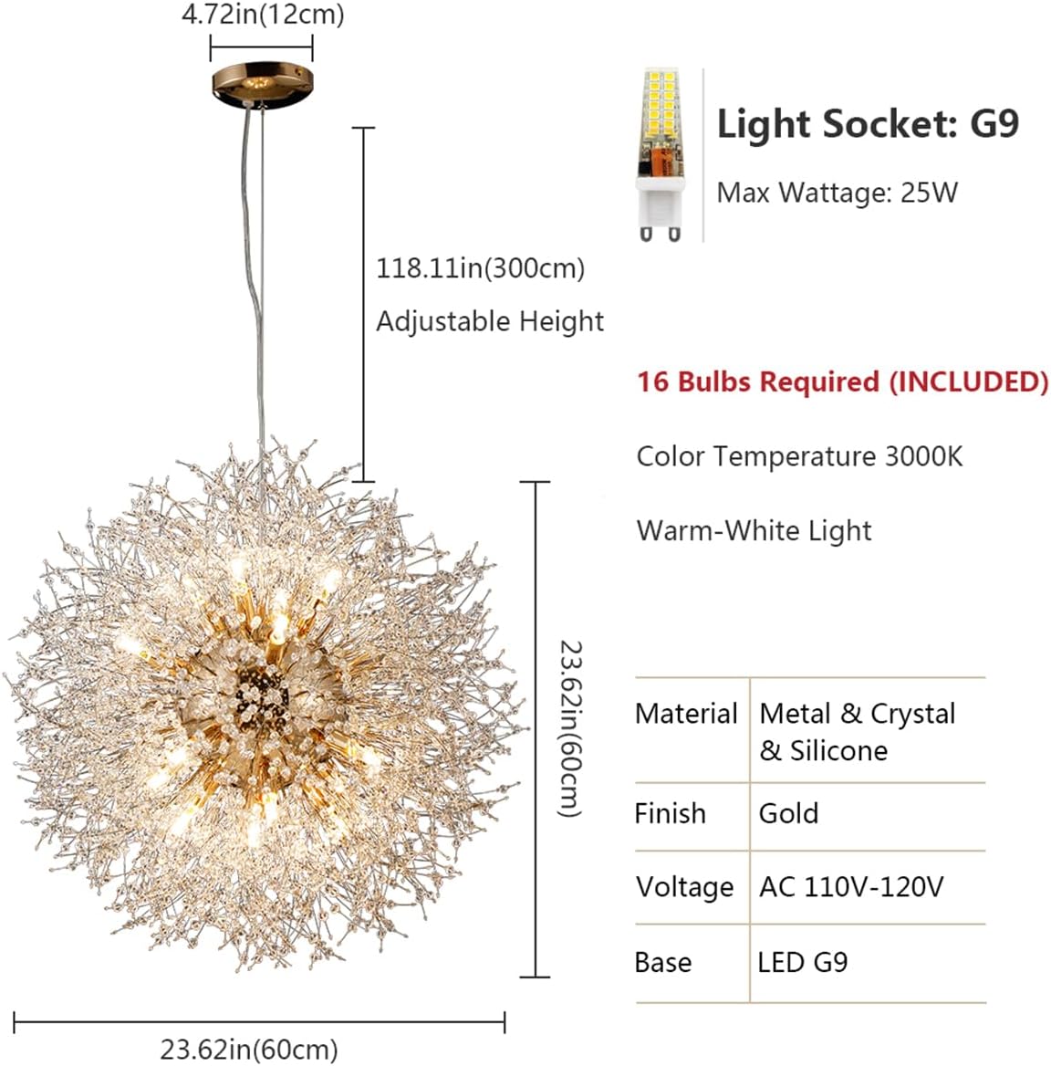Modern Crystal Chandelier Dandelion, 16-Light Large Sputnik Crystal Chandelier Gold, 23.6' Firework Chandelier Light Fixture for Living Room Bedroom