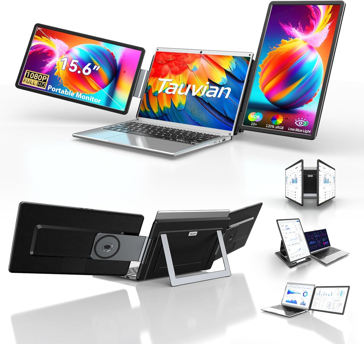 15.6' Laptop Screen Extender, FHD 1080P IPS Portable Triple Monitor for Laptops 13.3'-17.3', USB-C/HDMI Plug & Play, 120% sRGB Low Blue Light Detachable Monitor Extender for Windows/MacOS