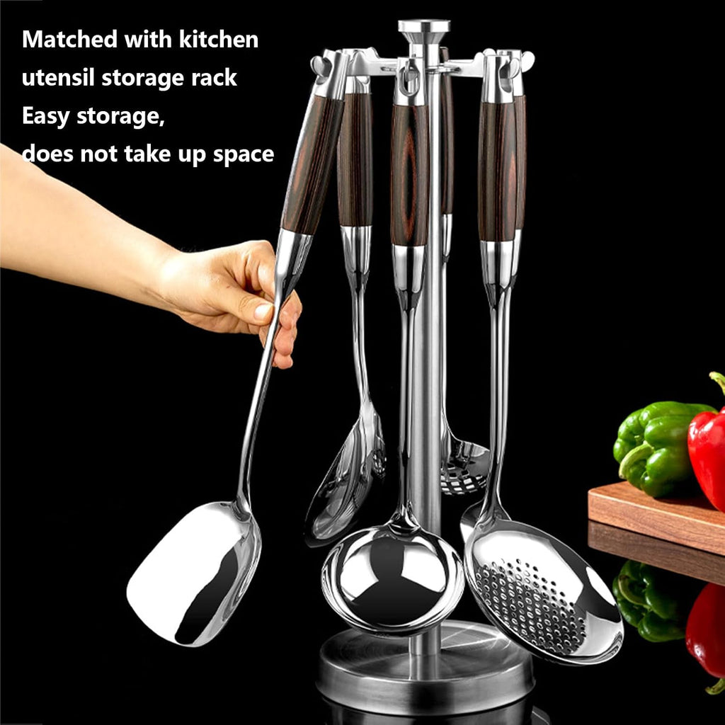 316 Stainless Steel Kitchen Utensils Set with Wooden Handle for Cooking Metal Kitchenware Cooking Utensils Set with Countertop Rotating Holder Stand Dishwasher Safe,6 Pcs