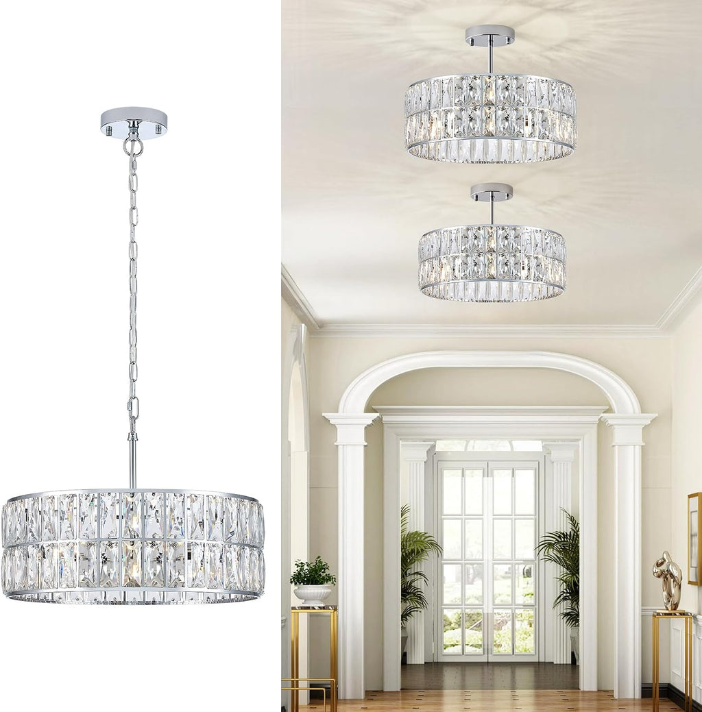 CATINER Modern Crystal Chandelier 18'Chrome Semi Flush Mount Ceiling Light Fixtures 6-Lights Drum Crystal Pendant Lighting for Dining Room Foyer Bedroom Living Room