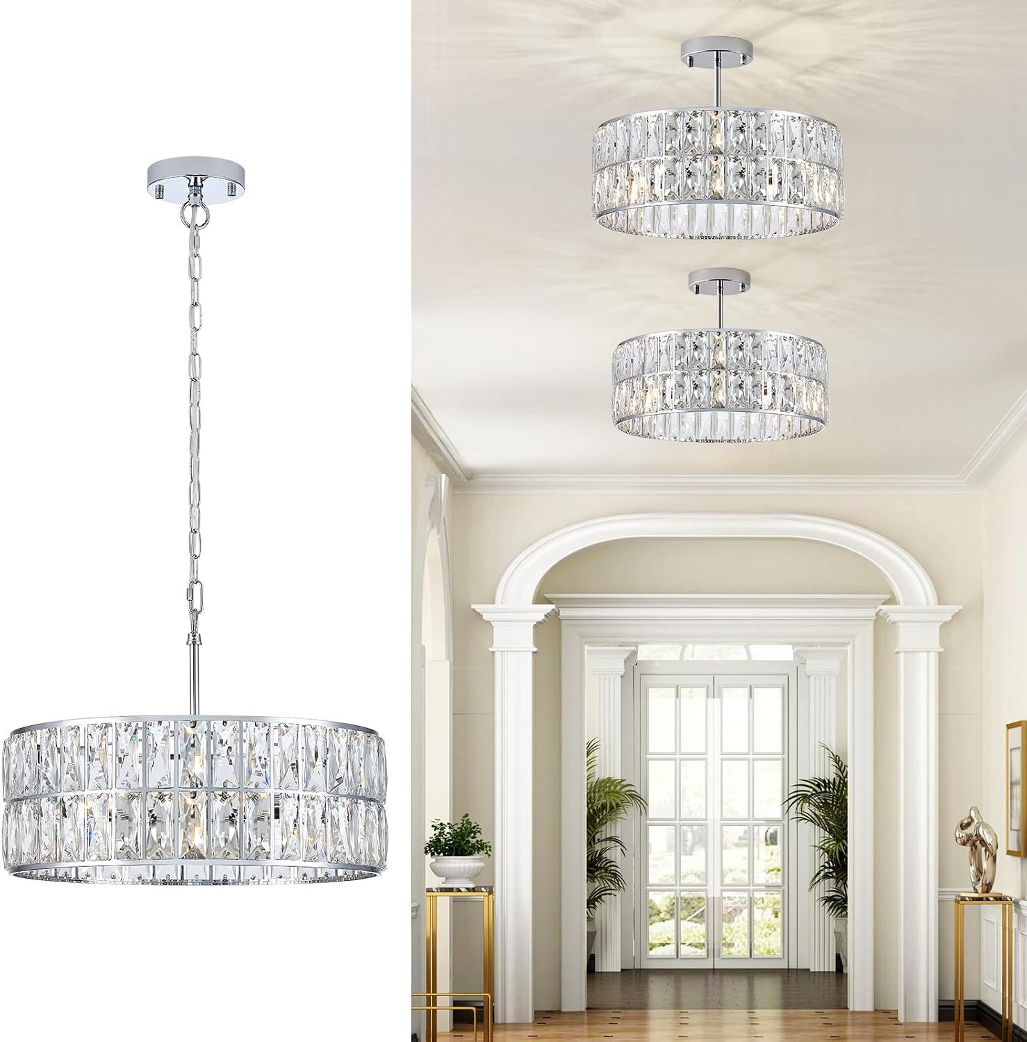 CATINER Modern Crystal Chandelier 18'Chrome Semi Flush Mount Ceiling Light Fixtures 6-Lights Drum Crystal Pendant Lighting for Dining Room Foyer Bedroom Living Room