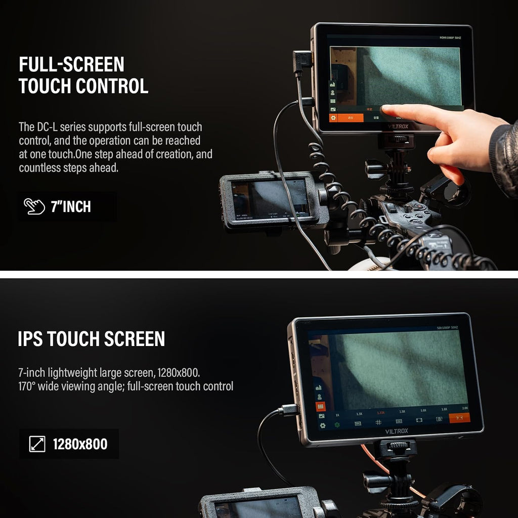 VILTROX DC-L2 7' Camera Field Monitor, HDMI 3G-SDI Input/Output, 1280x800 4K 30Hz DSLR Video External Touchscreen with 3D LUT, Waveform, False Color, Sunshade Hood, Battery for Sony Canon Nikon Fuji