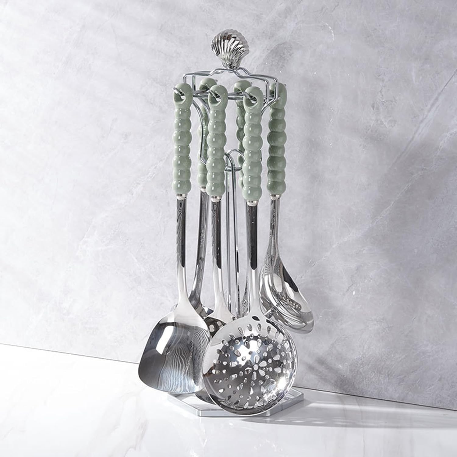 Stainless Steel Kitchenware Seven Pieces Set with Hanging Holder Ceramic Handle Kitchenware Cooking Utensils Set Dishwasher Safe Metal Kitchen Utensils Set,Avocado